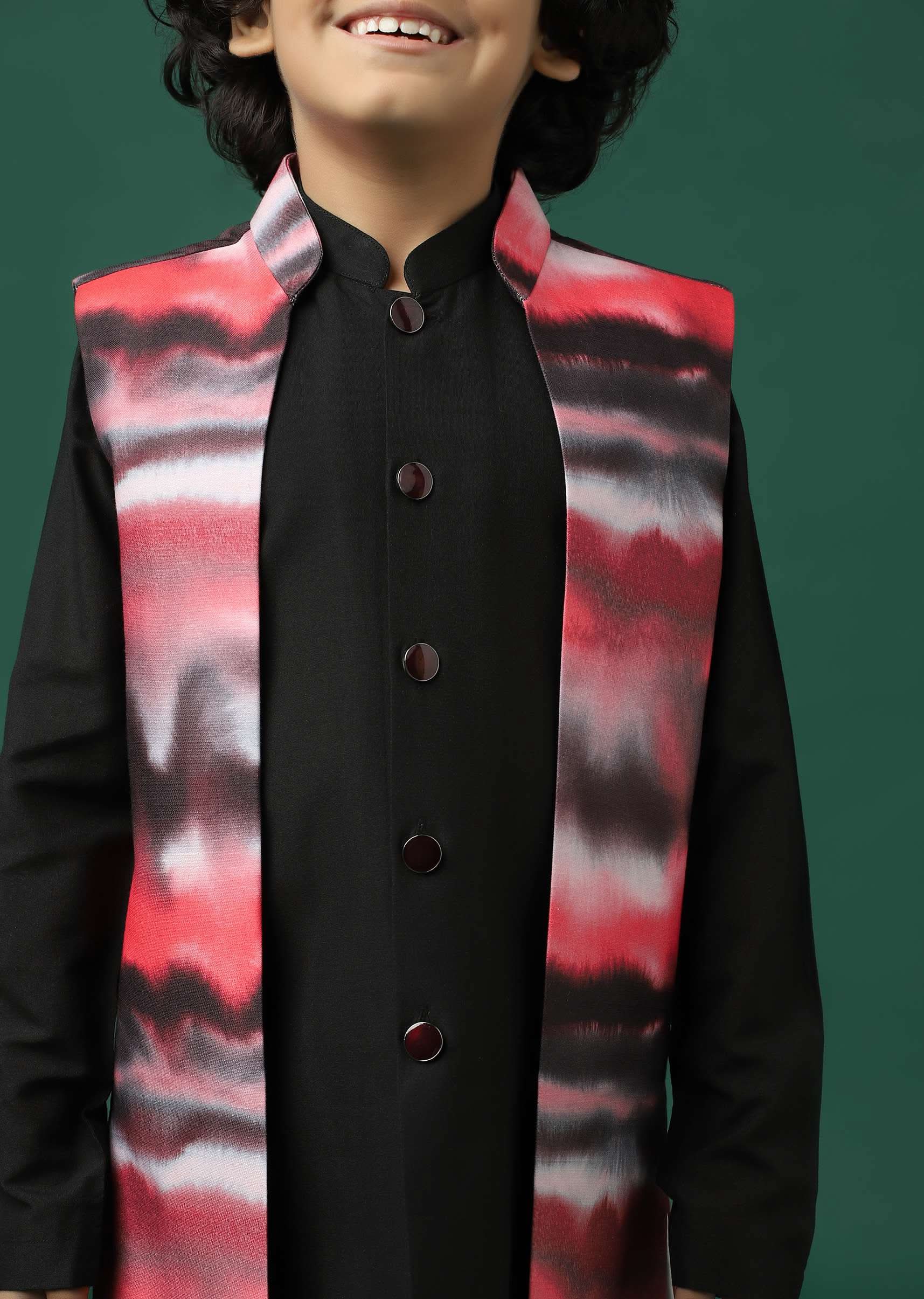 Kalki Black Printed Kurta Jacket Set In Silk For Boys - Image 3