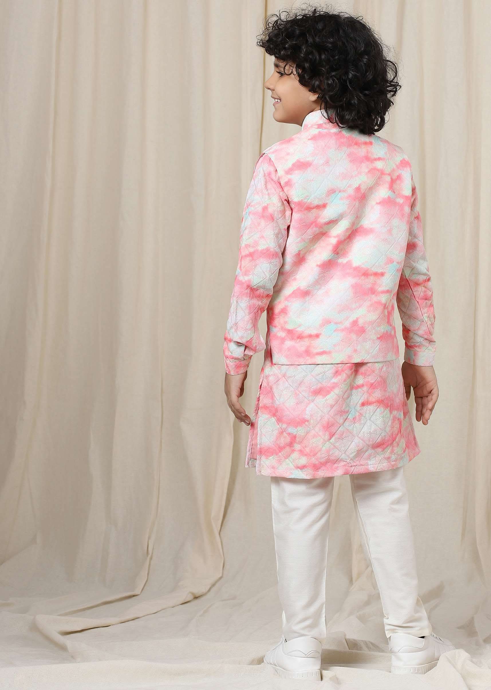 Kalki Blossom Pink Tie-Dye Bandi Jacket Set In Silk With Threadwork For Boys - Image 5