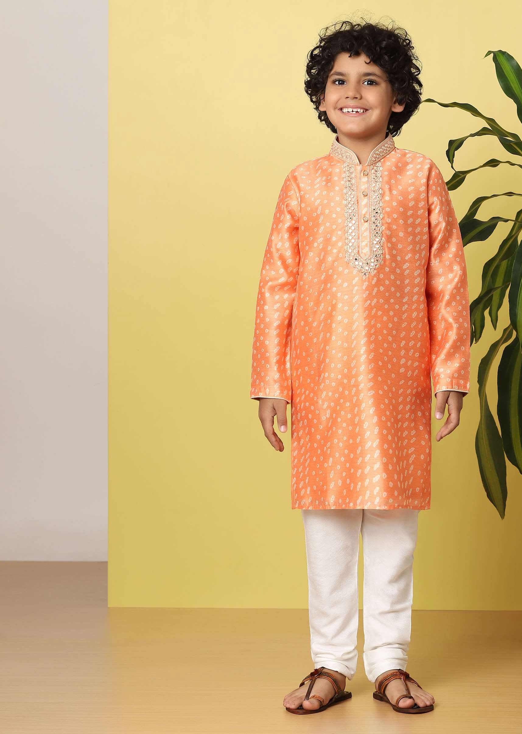 Kalki Carrot Orange Boys Kurta Set In Silk With Mirrors And Threadwork - Image 3