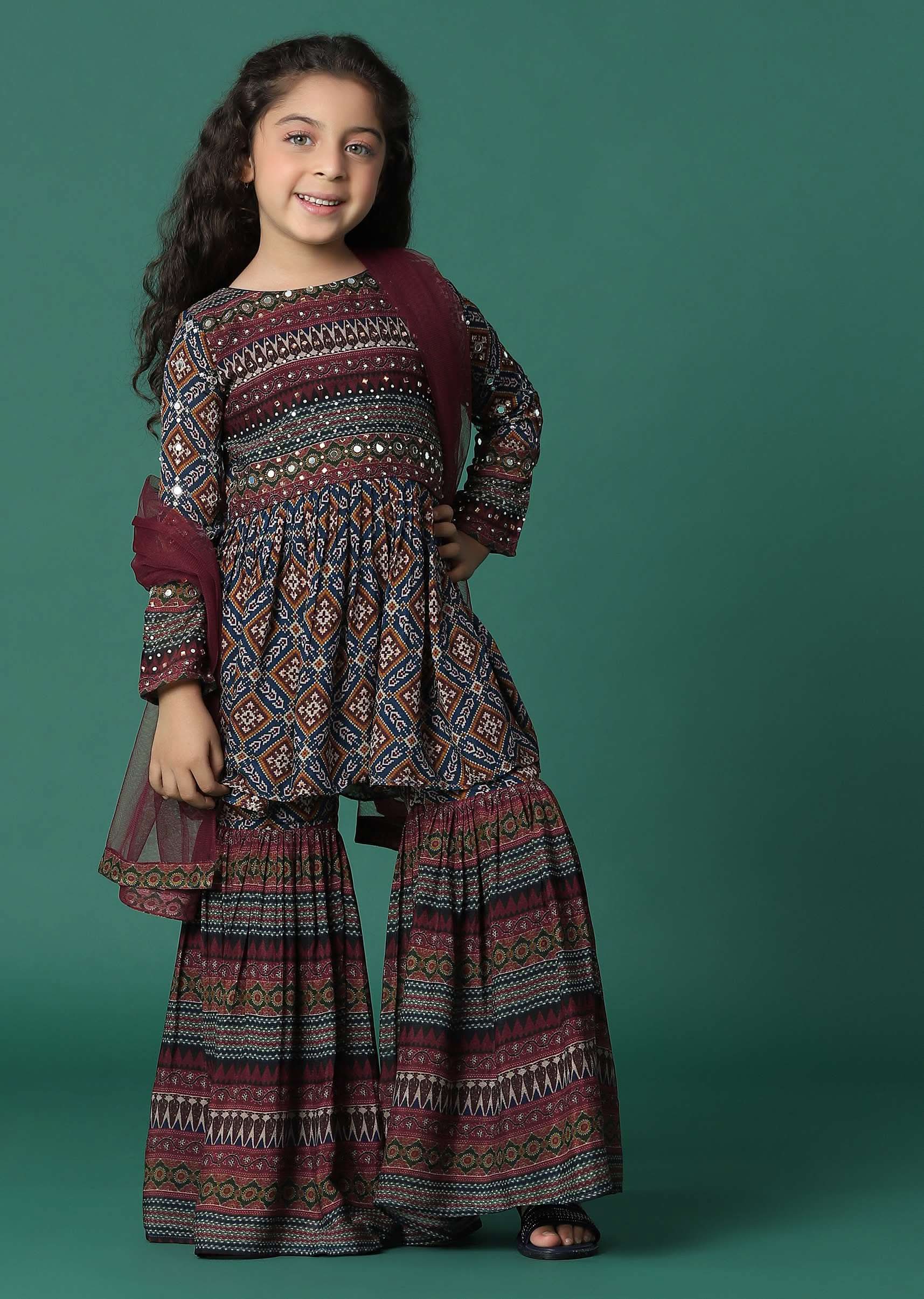 Kalki Chocolate Brown Kurta And Sharara Set In Satin Blend With Abla Work For Girls - Image 4
