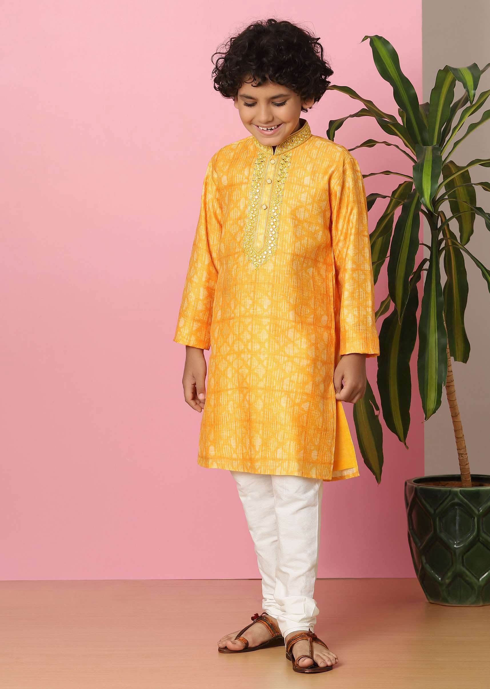 Kalki Chrome Yellow Boys Kurta Set In Silk With Zari And Threadwork - Image 3