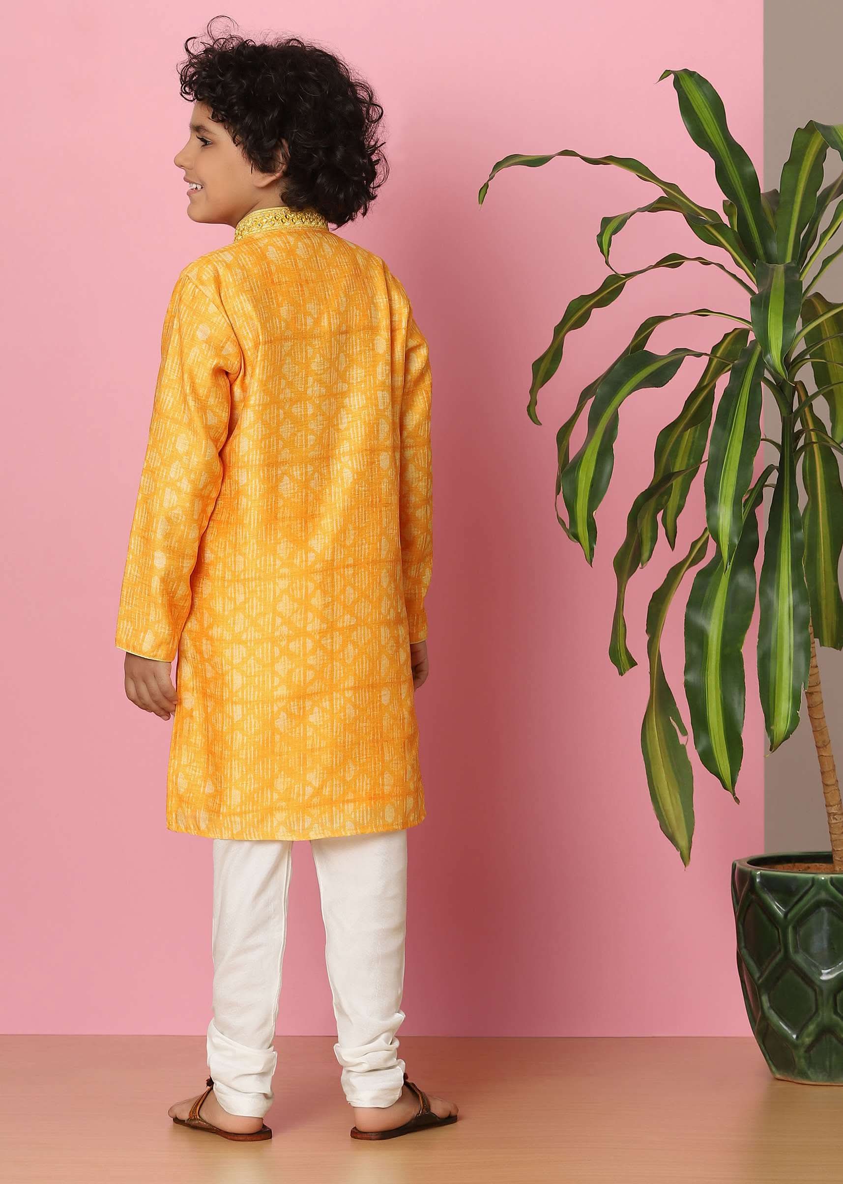 Kalki Chrome Yellow Boys Kurta Set In Silk With Zari And Threadwork - Image 4