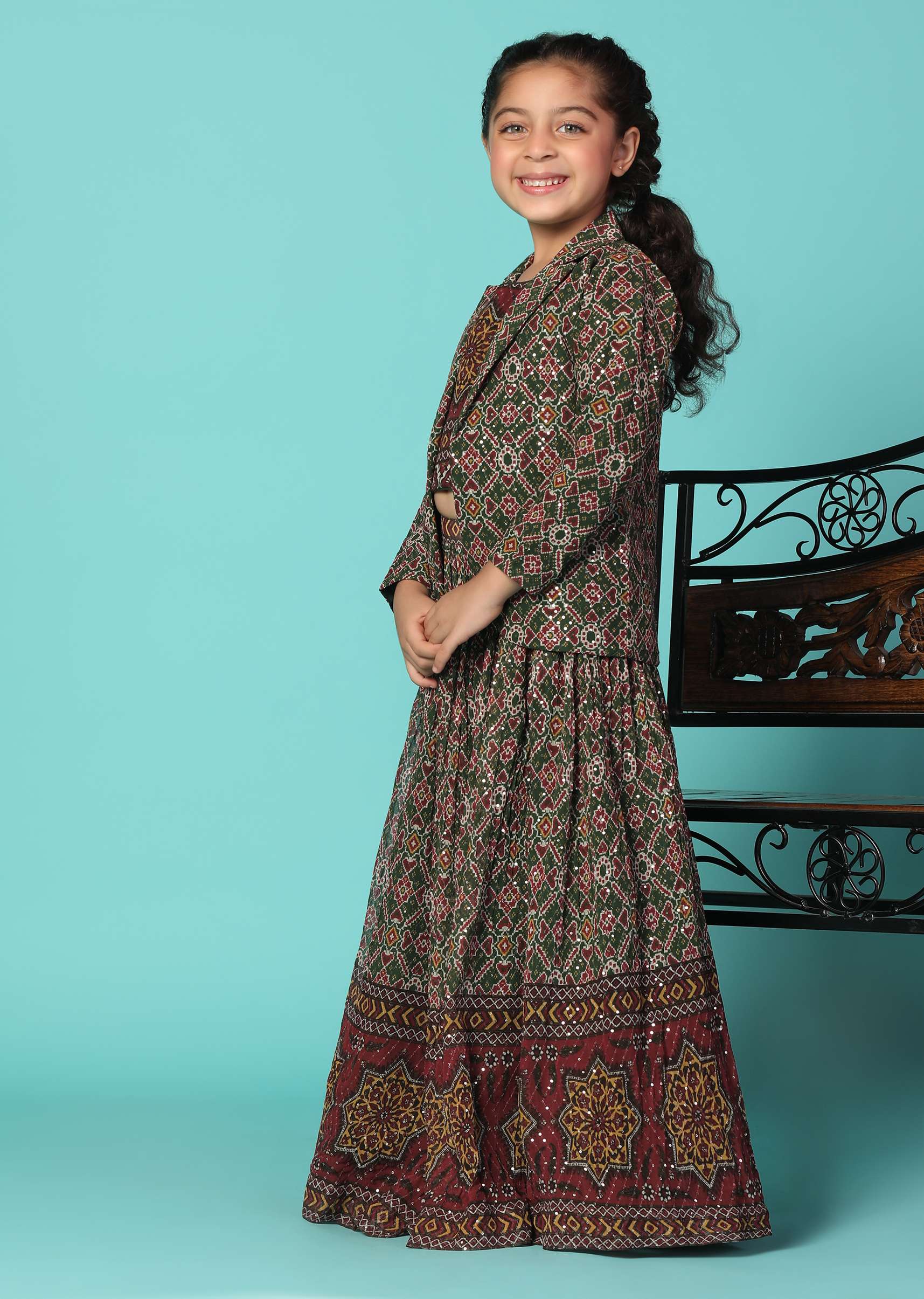 Kalki Deep Green Top And Lehenga Set In Georgette With Sequins Work For Girls - Image 3