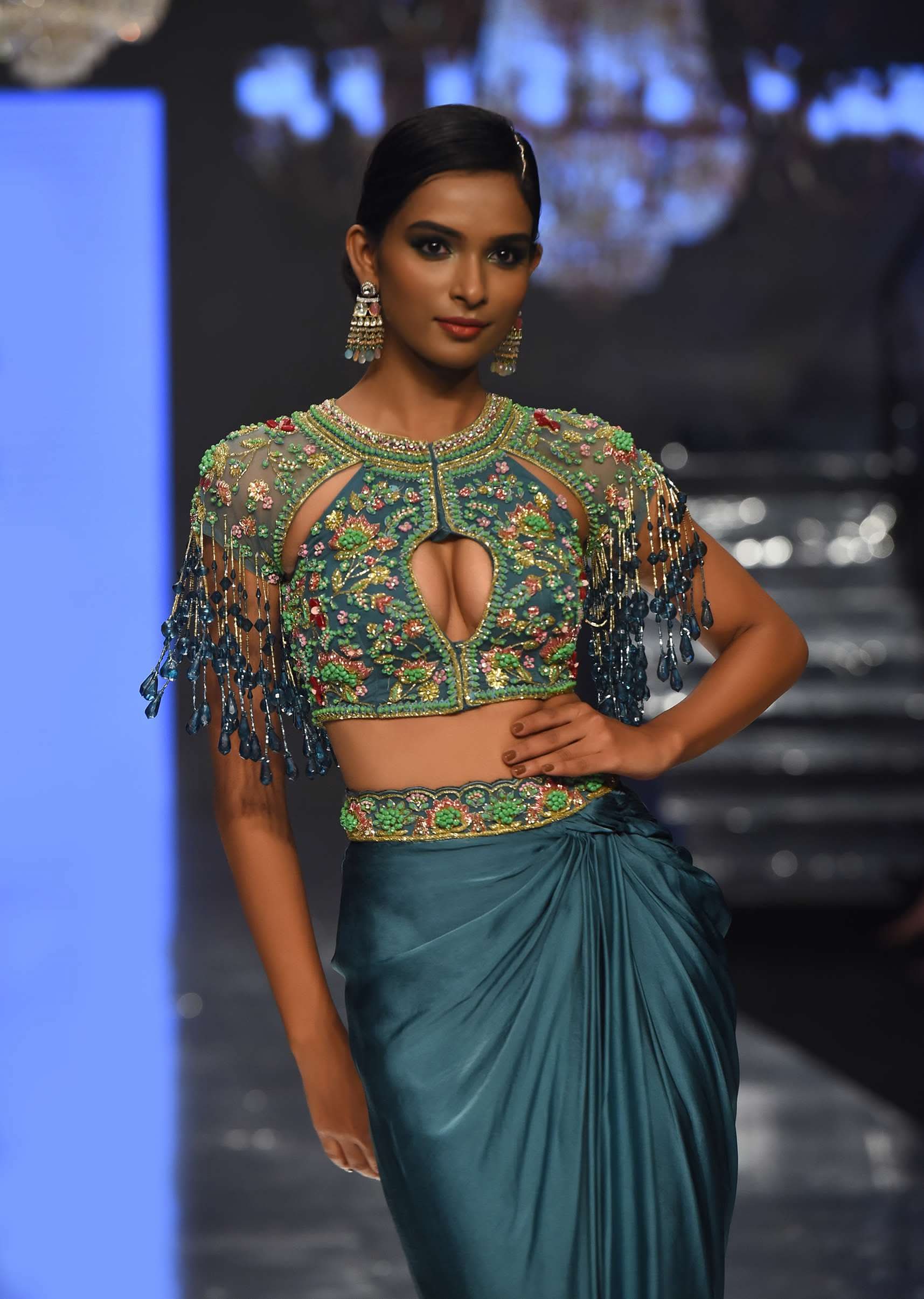 Sea Green Dhoti Crop Top Set In Satin Organza With Embroidery - NOOR 2022 - Image 2