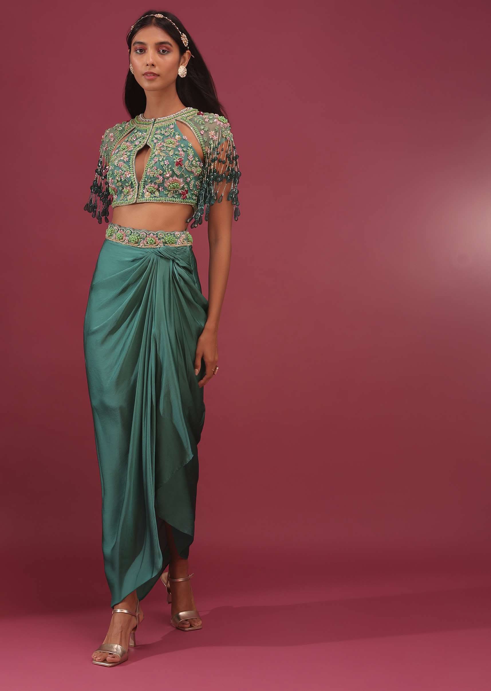 Sea Green Dhoti Crop Top Set In Satin Organza With Embroidery - NOOR 2022 - Image 2