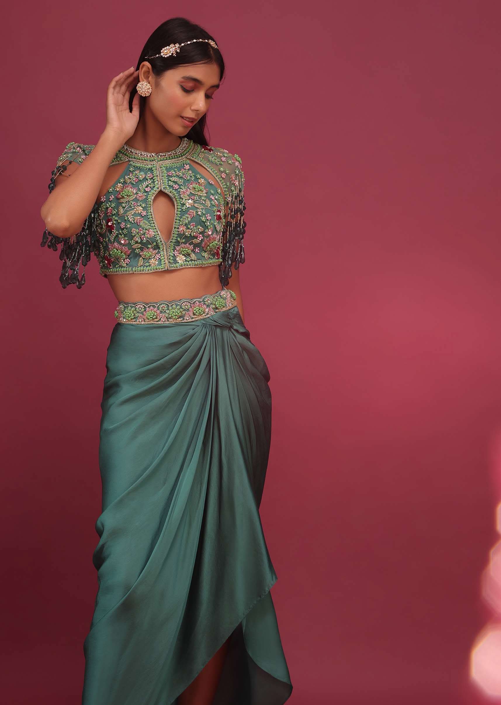 Sea Green Dhoti Crop Top Set In Satin Organza With Embroidery - NOOR 2022 - Image 3