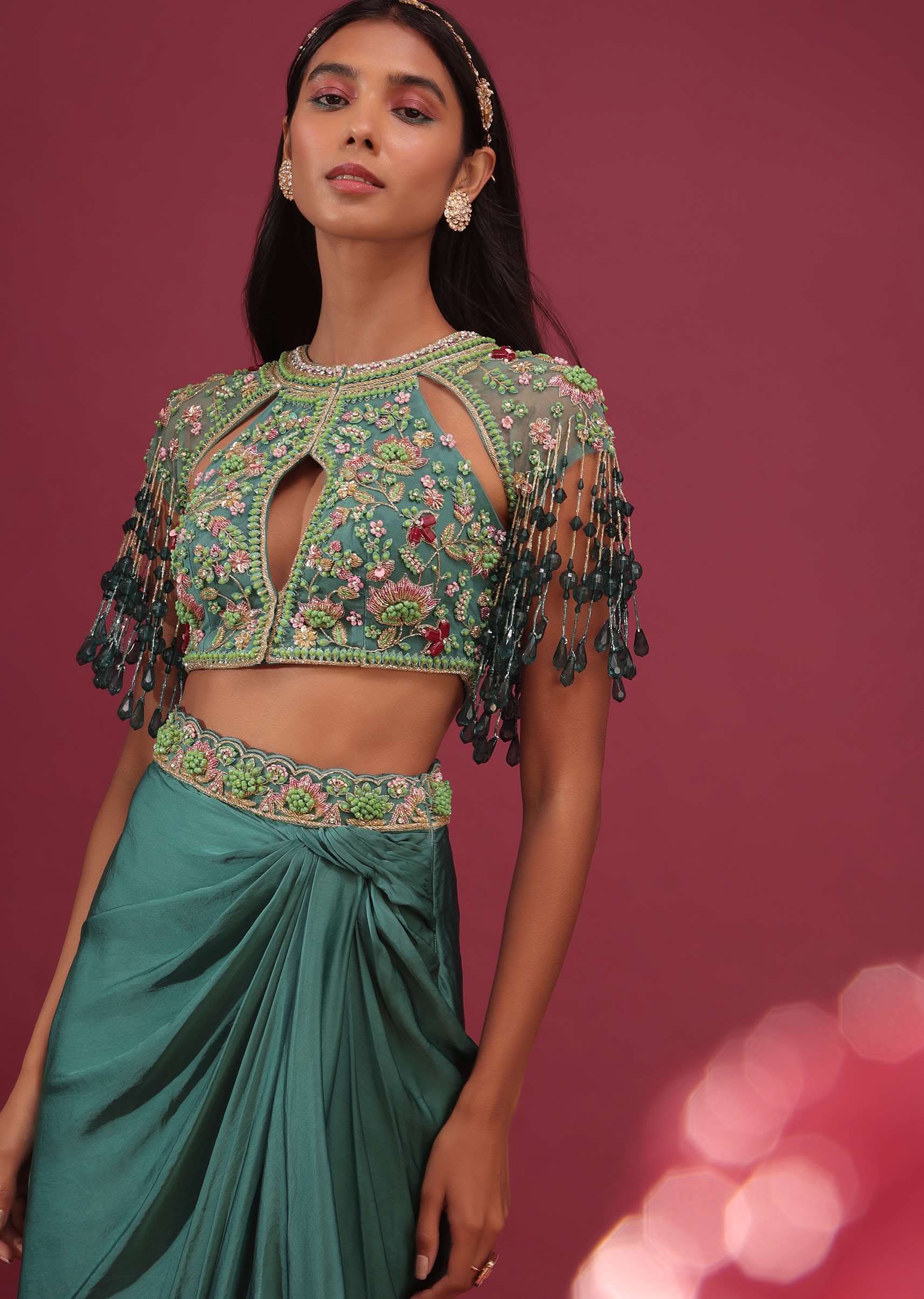 Sea Green Dhoti Crop Top Set In Satin Organza With Embroidery - NOOR 2022 - Image 4