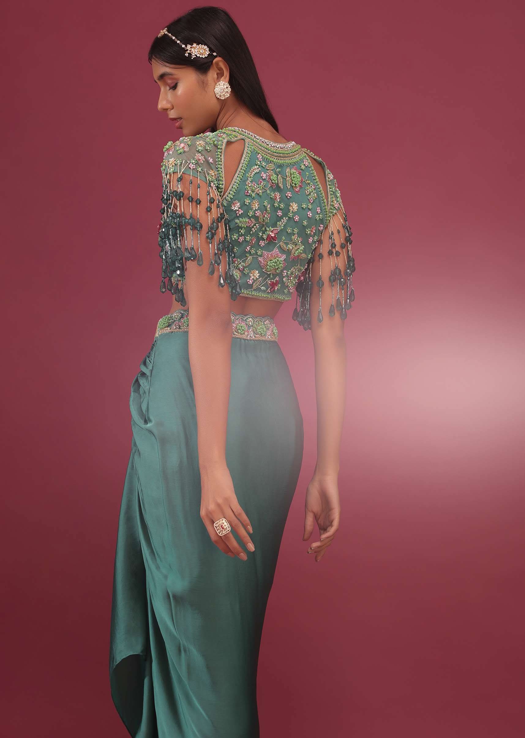 Sea Green Dhoti Crop Top Set In Satin Organza With Embroidery - NOOR 2022 - Image 6
