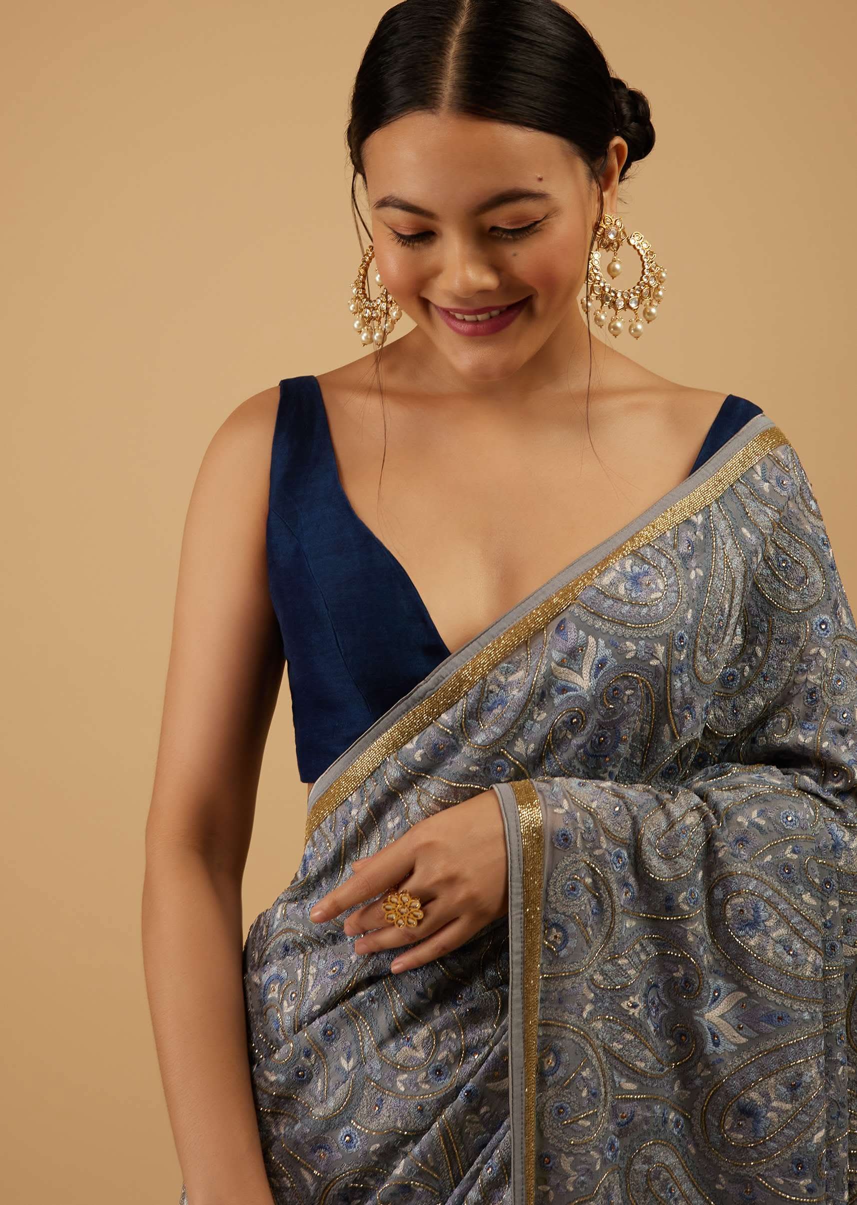 Powder Blue Festive Saree Kashmiri Embroidered In Georgette - Image 5