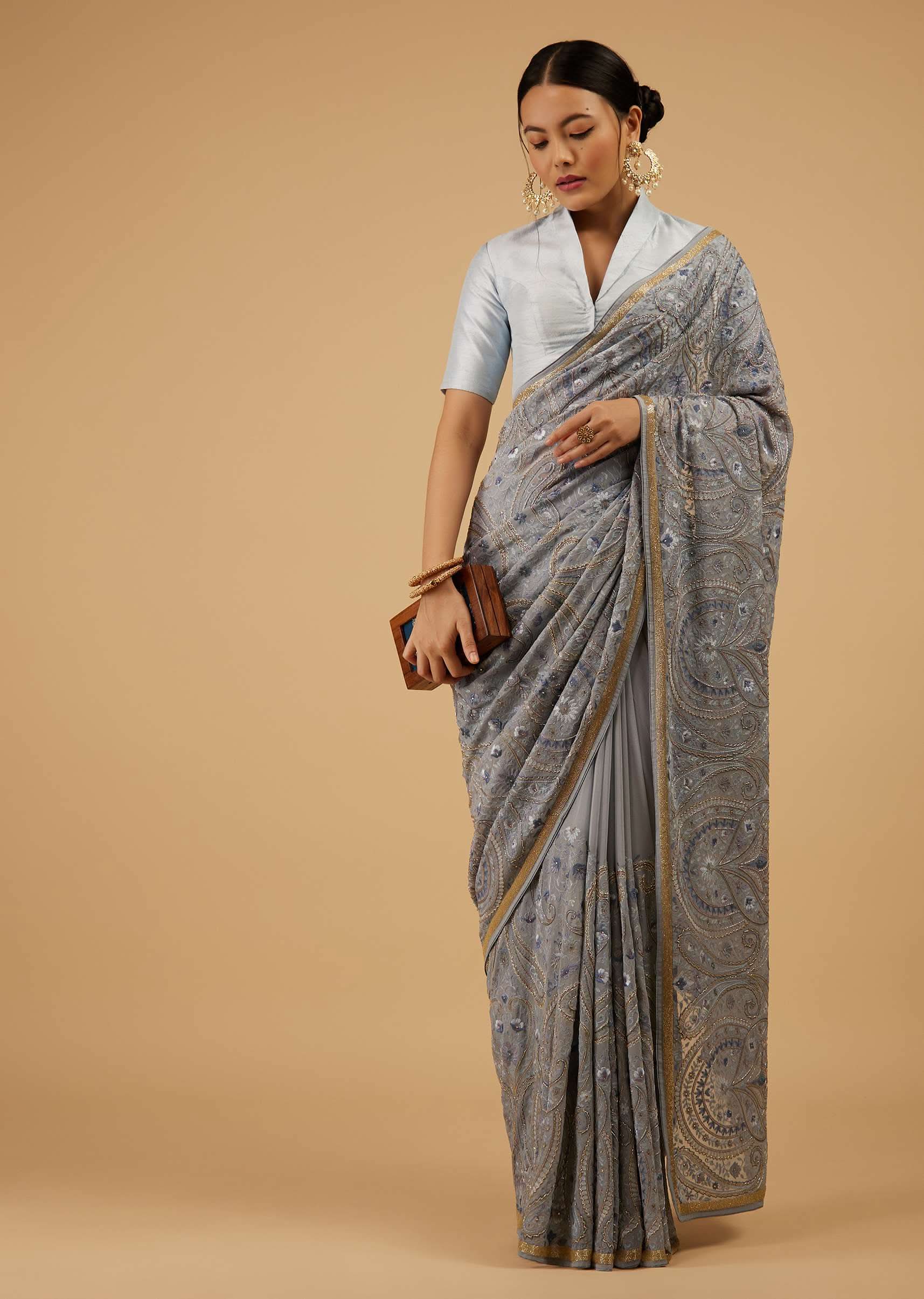 Powder Blue Saree Kashmiri Embroidered In Georgette