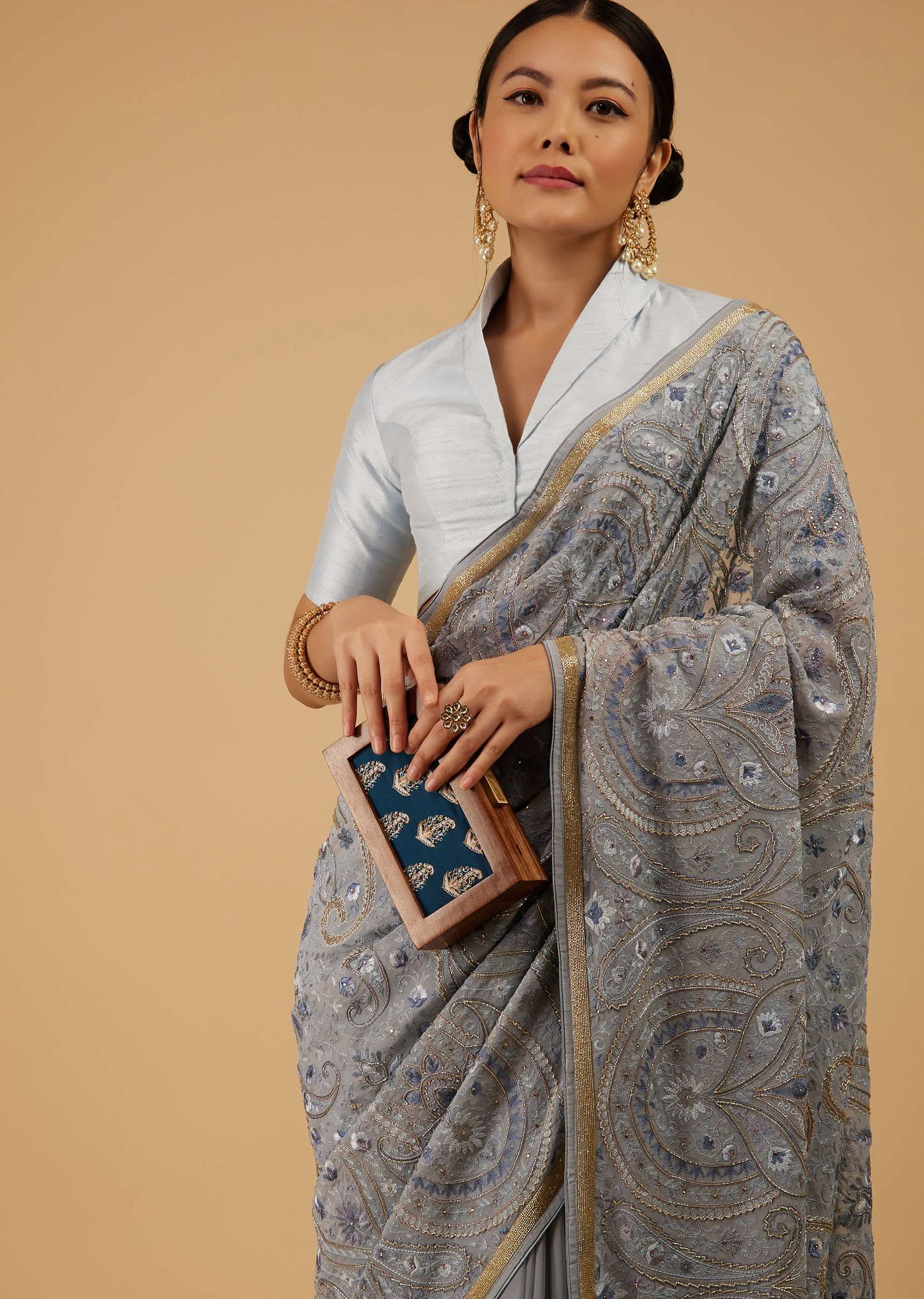 Powder Blue Saree Kashmiri Embroidered In Georgette - Image 4