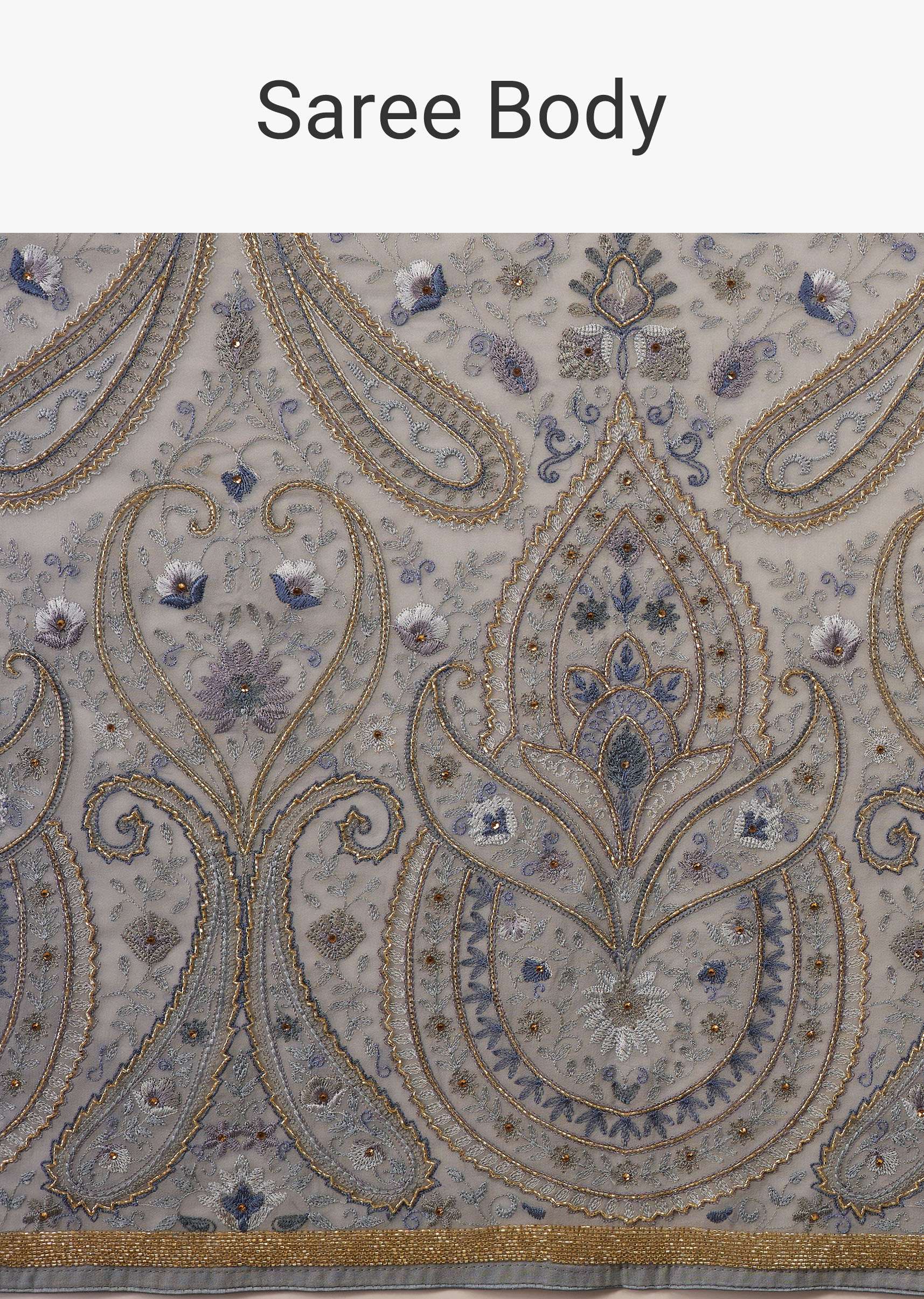 Powder Blue Saree Kashmiri Embroidered In Georgette - Image 6
