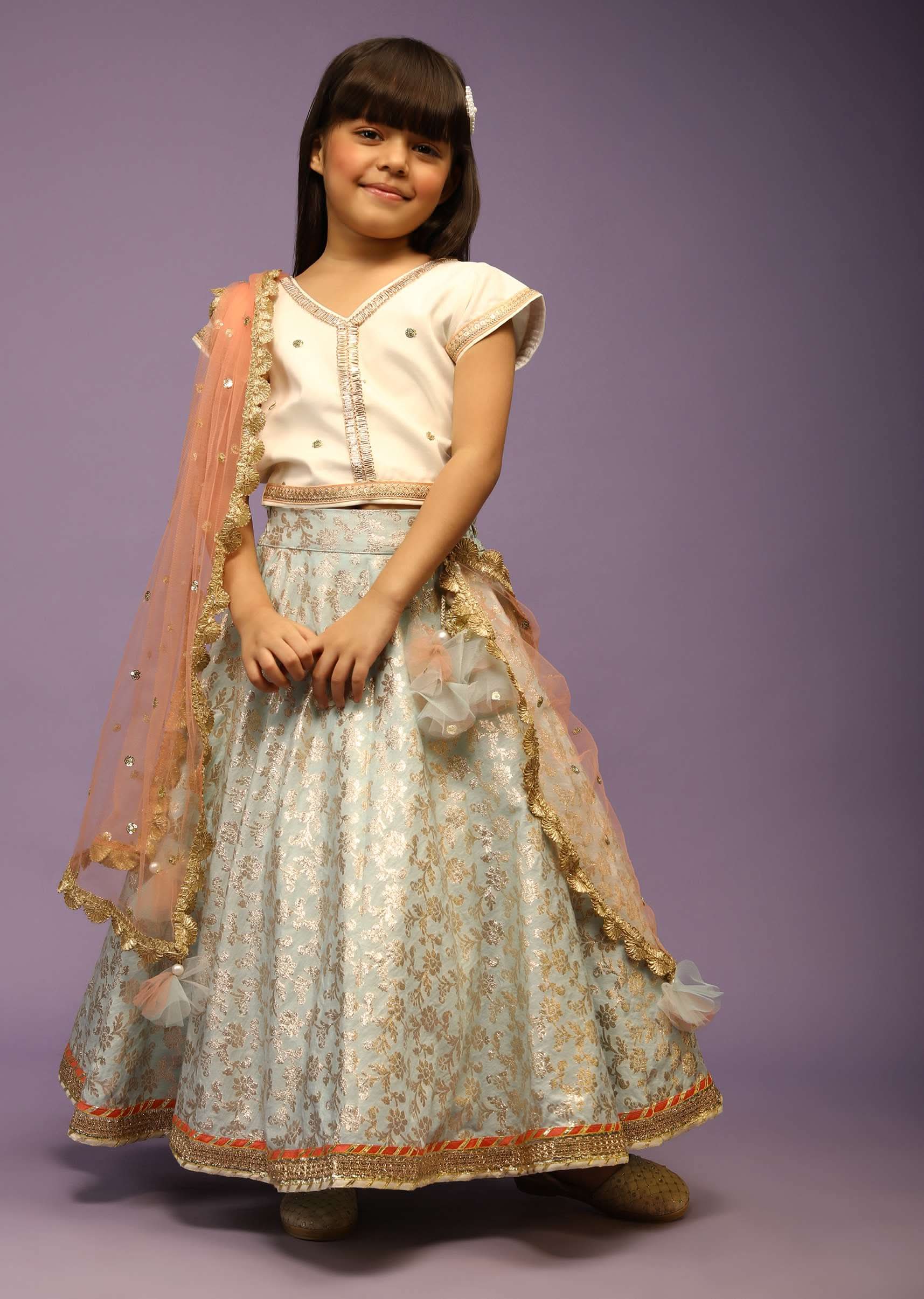 Kalki Girls Light Blue Lehenga In Brocade Silk With Weaved Floral Jaal And Off White Choli - Image 3