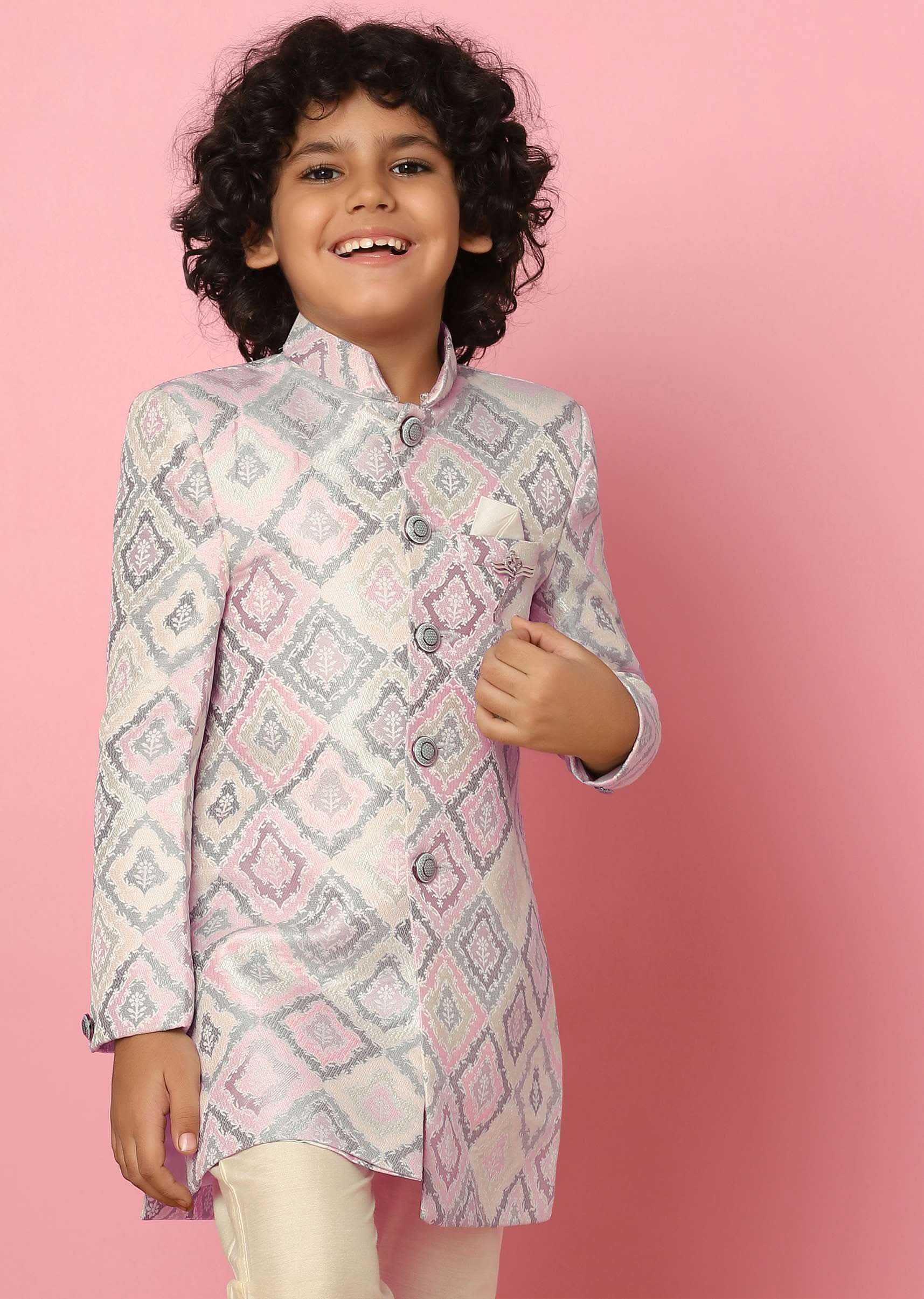 Kalki Grey Printed Sherwani Set In Silk For Boys - Image 2