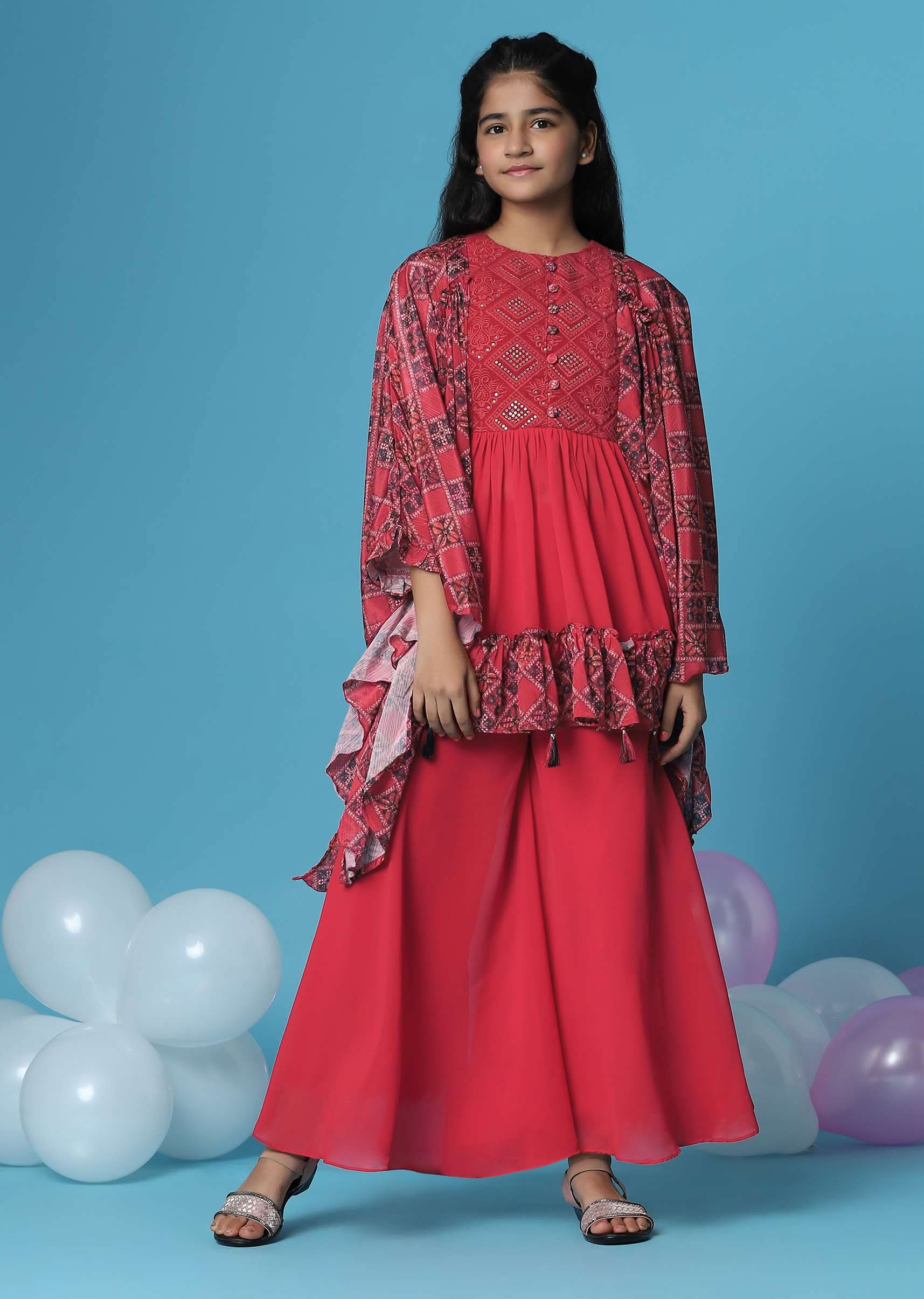 Kalki Hot Pink Embroidered Kurti And Palazzo Set In Georgette With Flared Sleeves For Girls - Image 3
