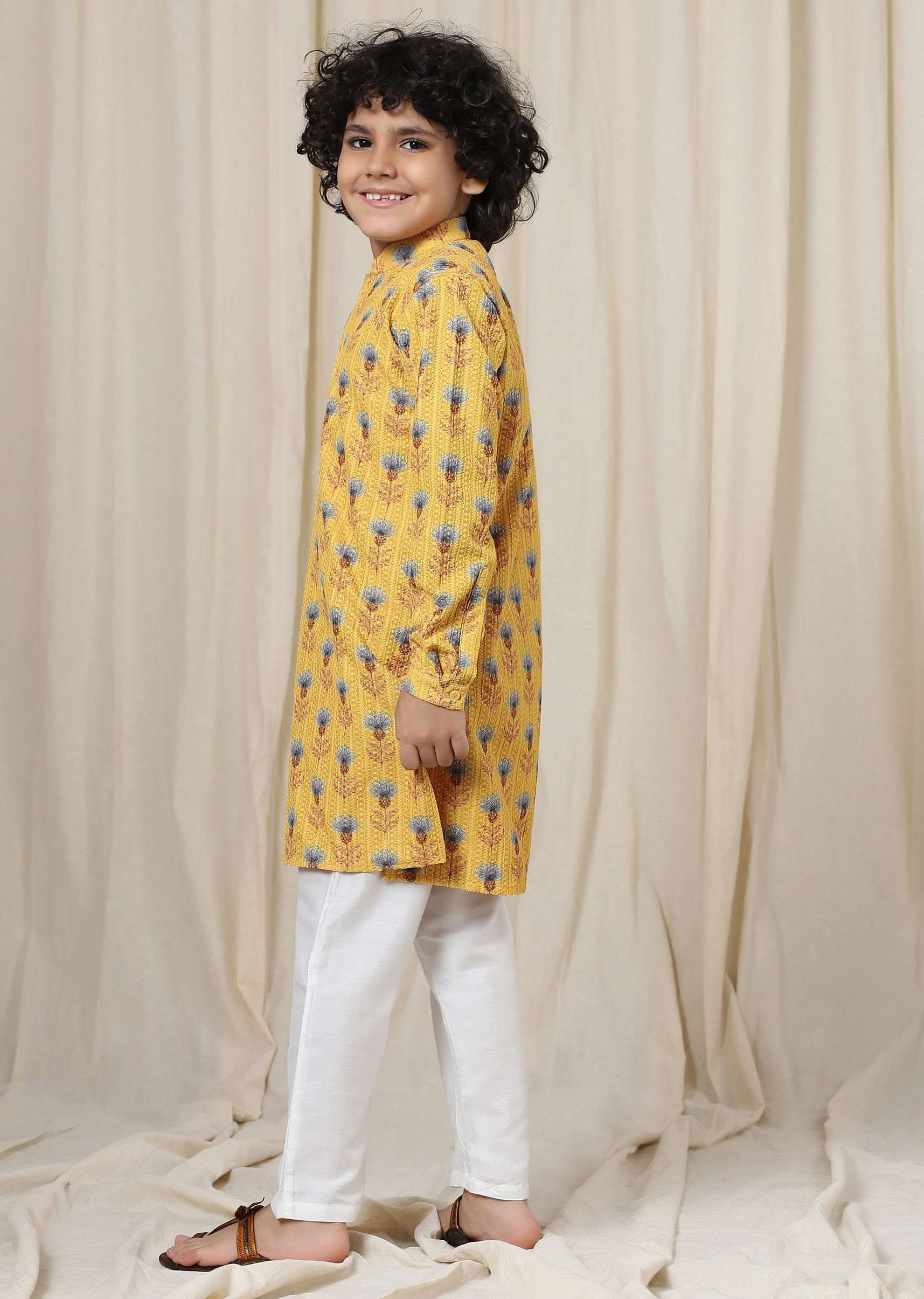 Kalki Mimosa Yellow Kurta Set In Silk With Threadwork For Boys - Image 5