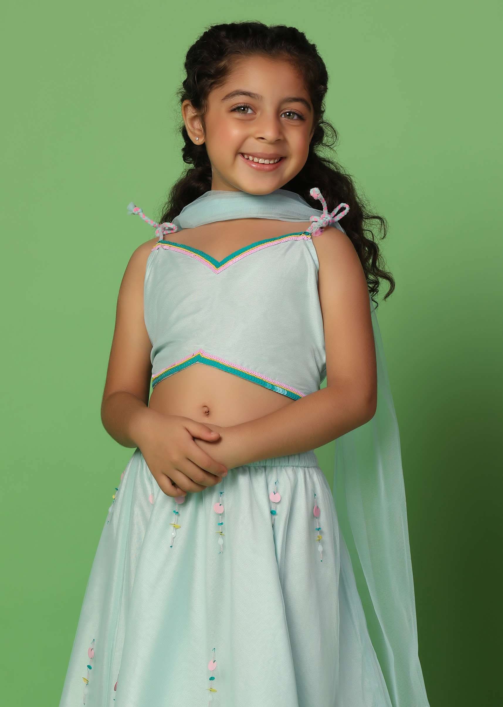 Kalki Mint Blue Embroidered Blouse And Lehenga Set In Net For Girls - Image 2