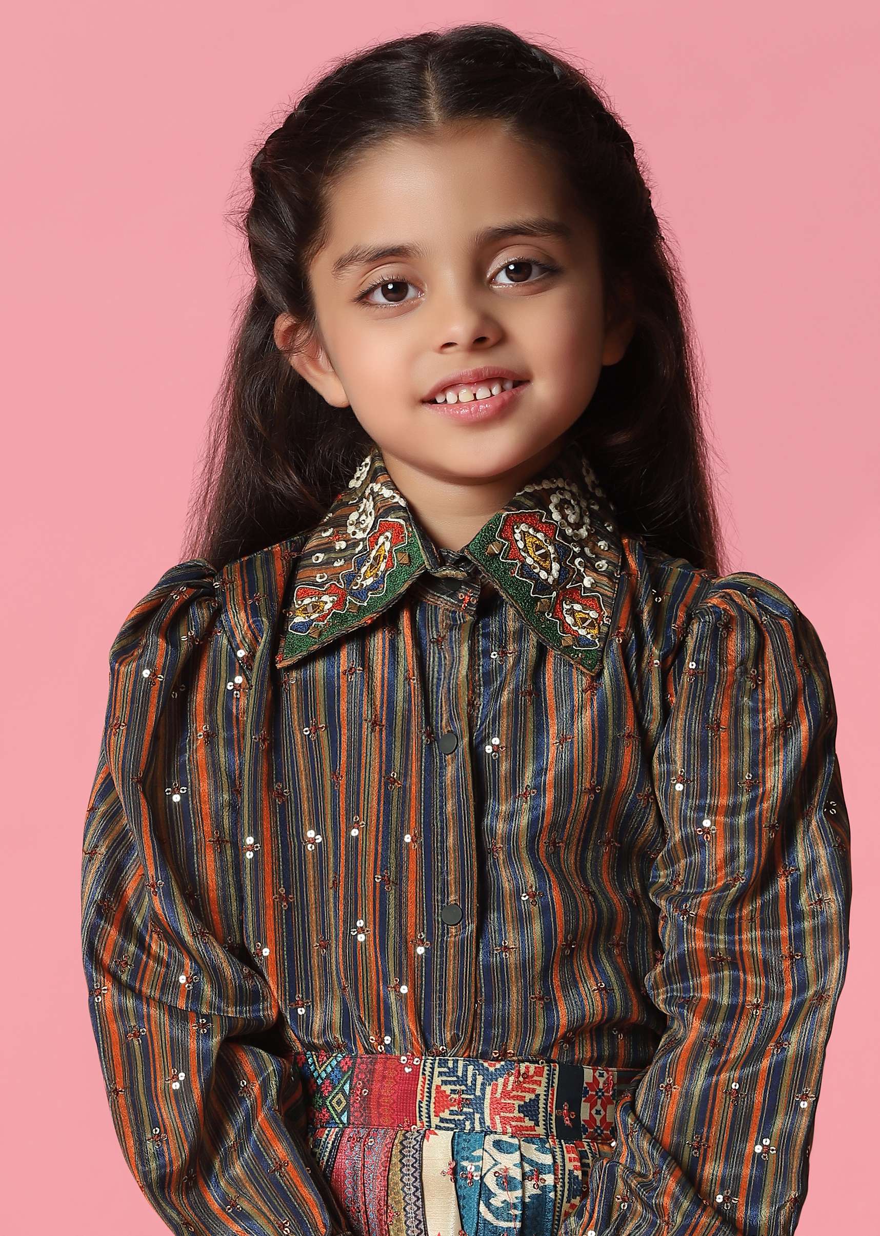 Kalki Multicolor Embroidered Skirt And Top Set In Satin Blend For Girls - Image 2