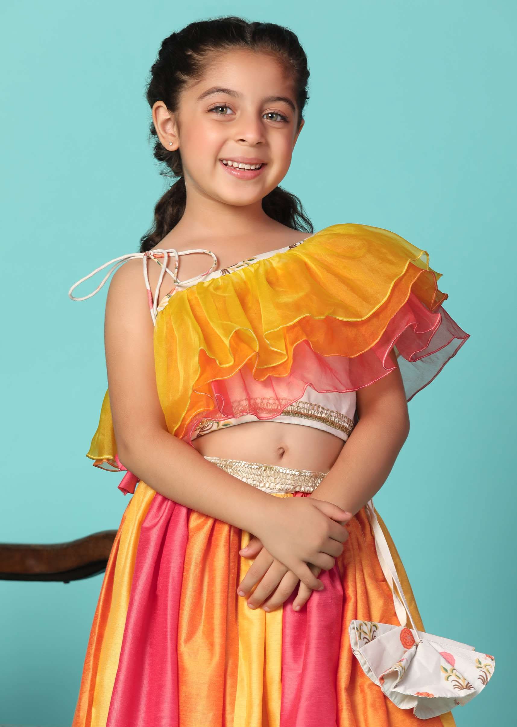 Kalki Multicolor Printed Top And Lehenga Set In Cotton Silk For Girls - Image 2
