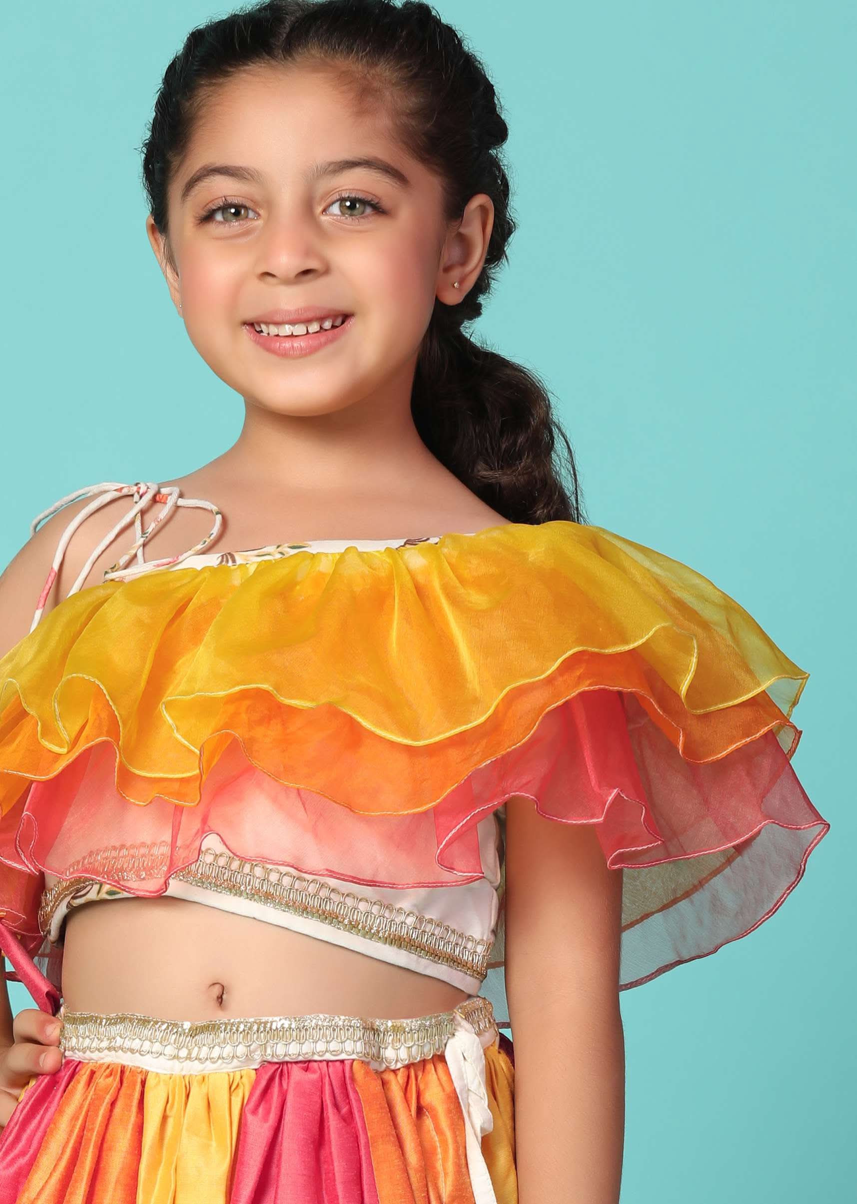 Kalki Multicolor Printed Top And Lehenga Set In Cotton Silk For Girls - Image 4