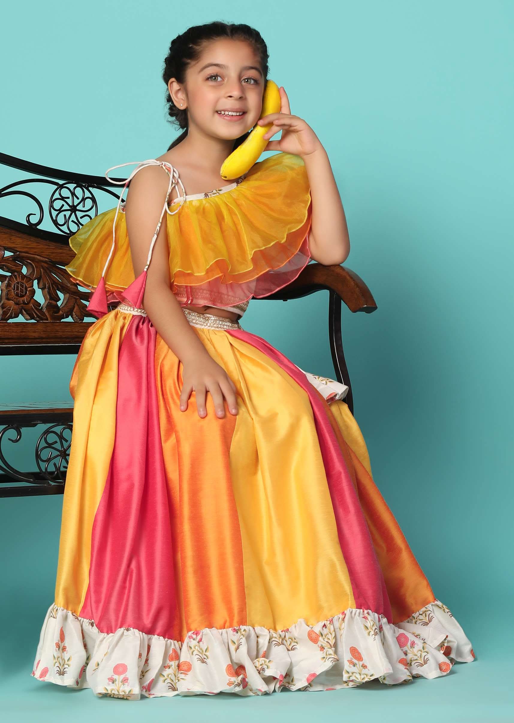 Kalki Multicolor Printed Top And Lehenga Set In Cotton Silk For Girls - Image 5
