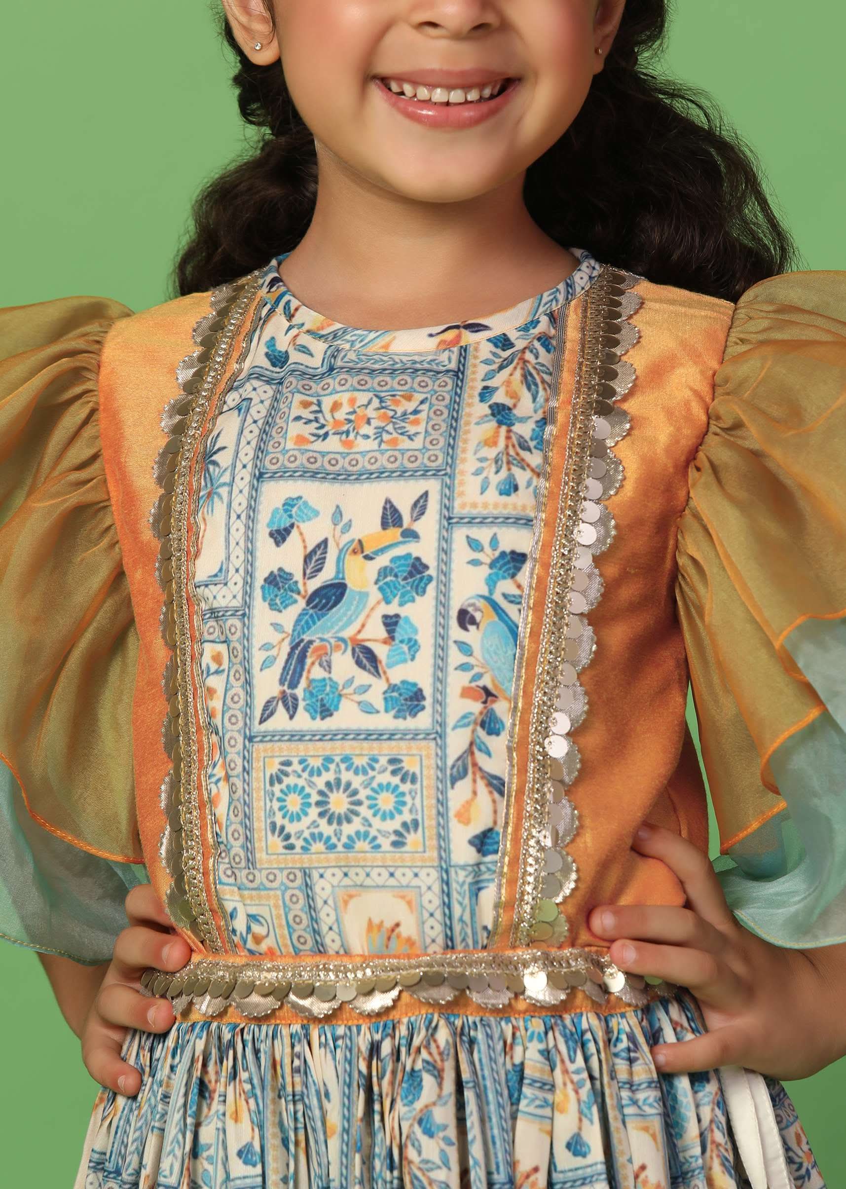Kalki Multicolor Top And Lehenga Set In Cotton Silk For Girls - Image 3