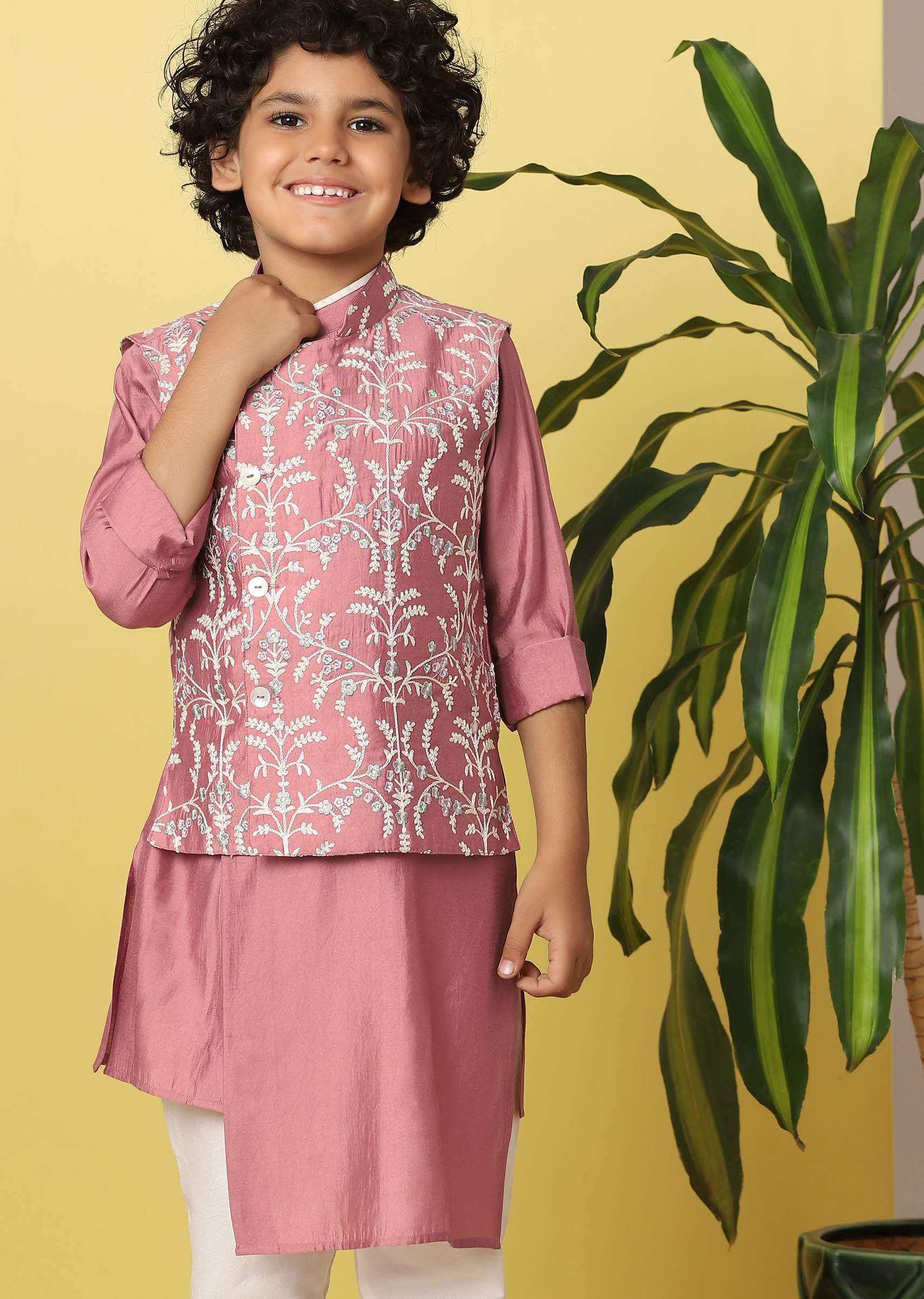 Kalki Peach Pink Boys Bandi Jacket Set With Threadwork - Image 2