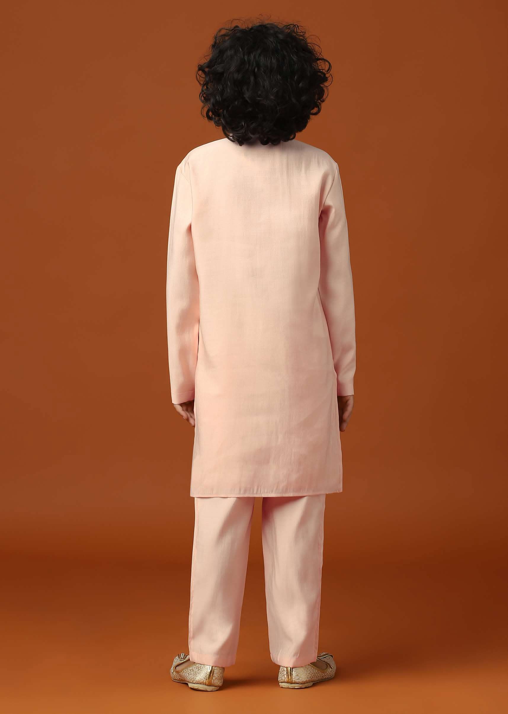 Kalki Peach Pink Sherwani Set In Silk With Threadwork For Boys - Image 5