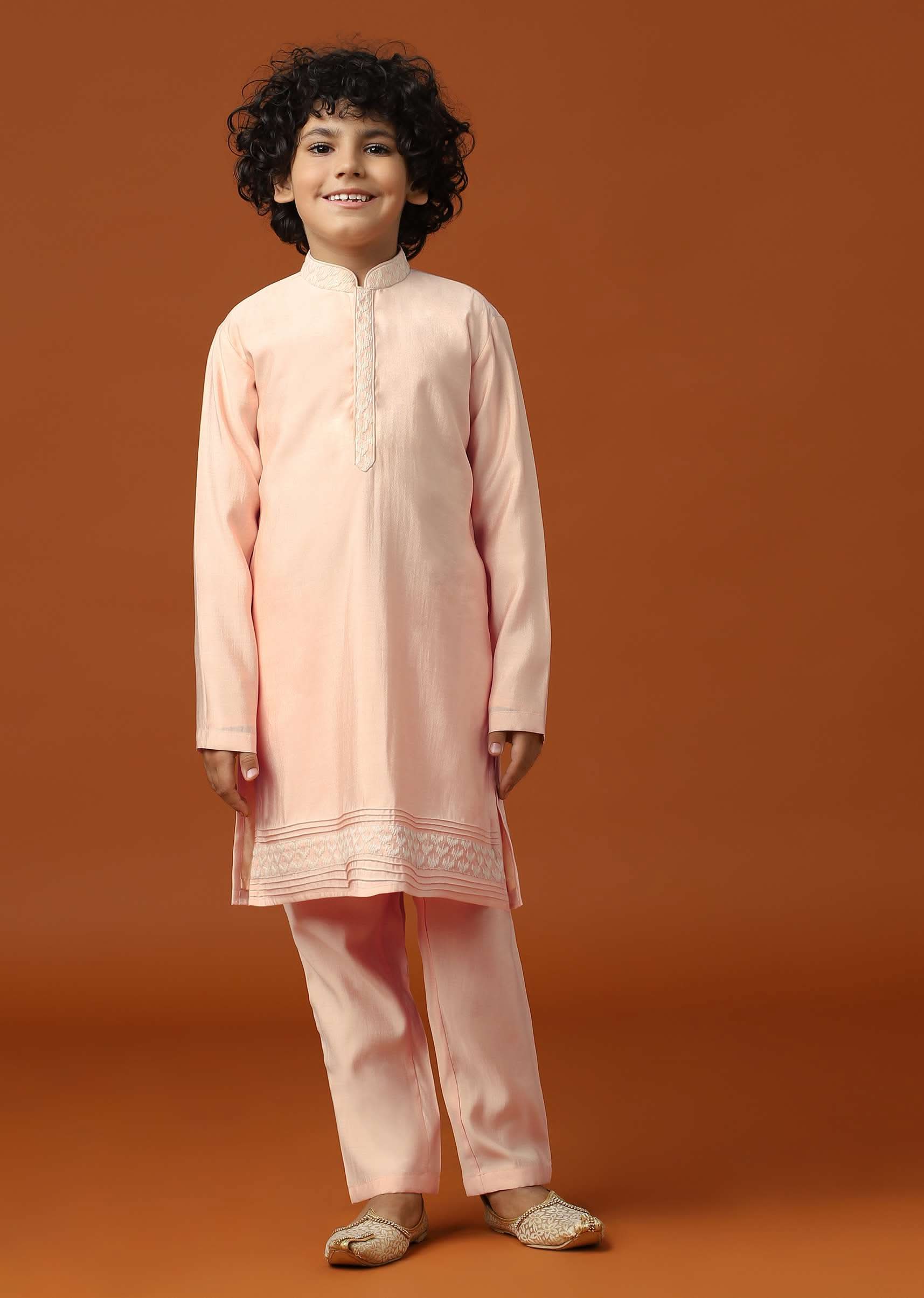 Kalki Peach Pink Sherwani Set In Silk With Threadwork For Boys - Image 7
