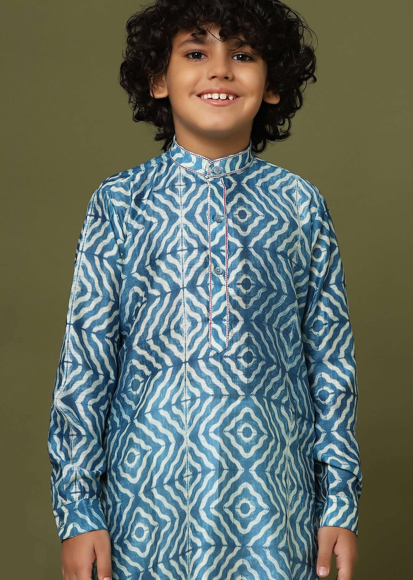 Kalki Persian Blue Printed Kurta Set In Tussar Silk For Boys - Image 3