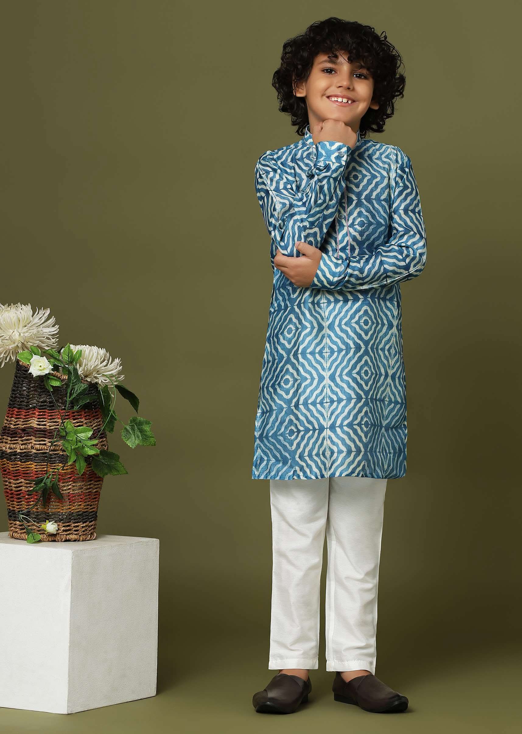 Kalki Persian Blue Printed Kurta Set In Tussar Silk For Boys - Image 4