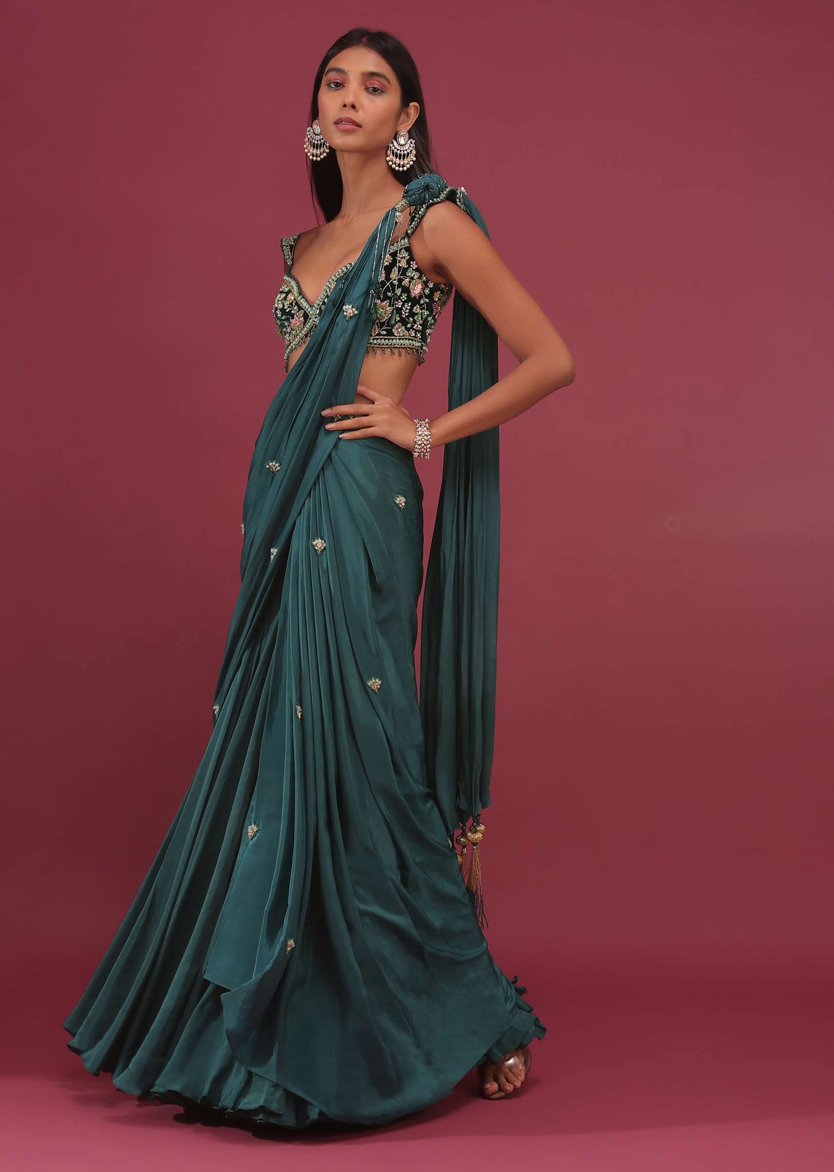 Emerald Green Pre Drape Saree With Floral Buttis And Embroidered Blouse - NOOR 2022 - Image 2