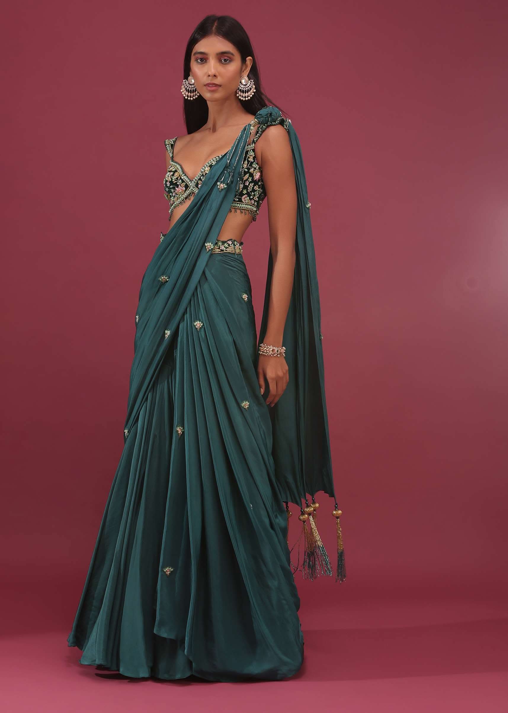 Emerald Green Pre Drape Saree With Floral Buttis And Embroidered Blouse - NOOR 2022 - Image 3