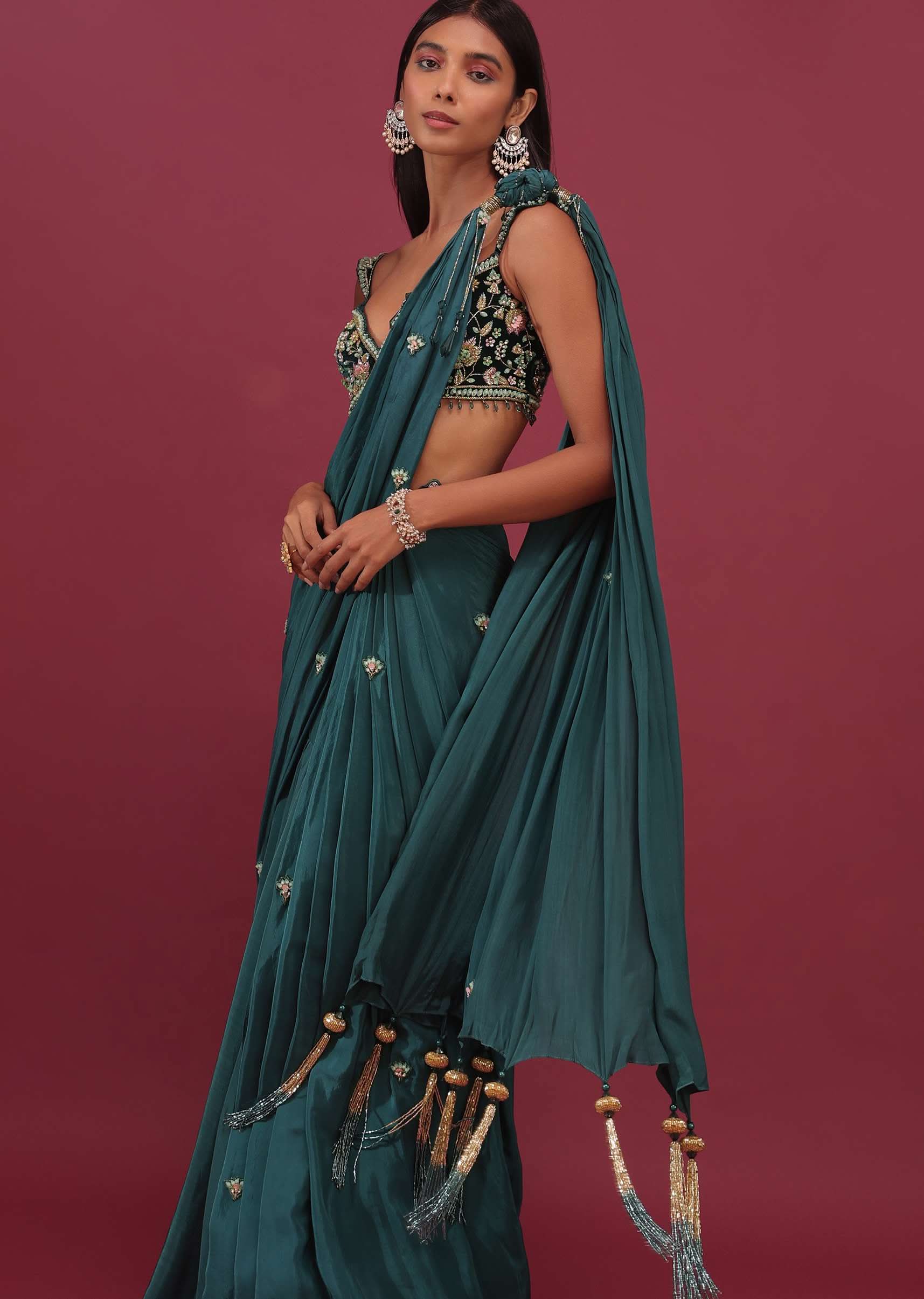 Emerald Green Pre Drape Saree With Floral Buttis And Embroidered Blouse - NOOR 2022 - Image 4