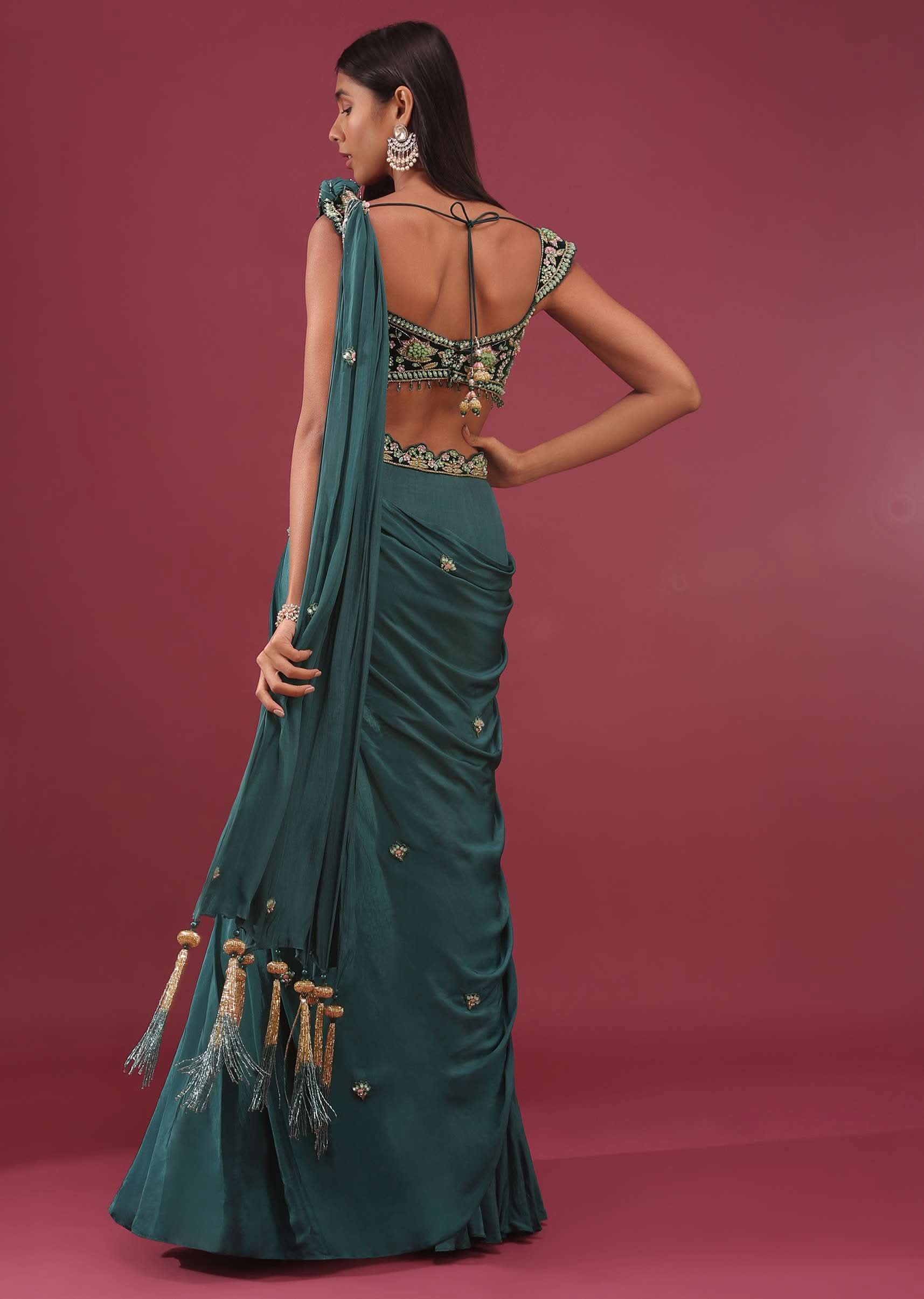 Emerald Green Pre Drape Saree With Floral Buttis And Embroidered Blouse - NOOR 2022 - Image 6