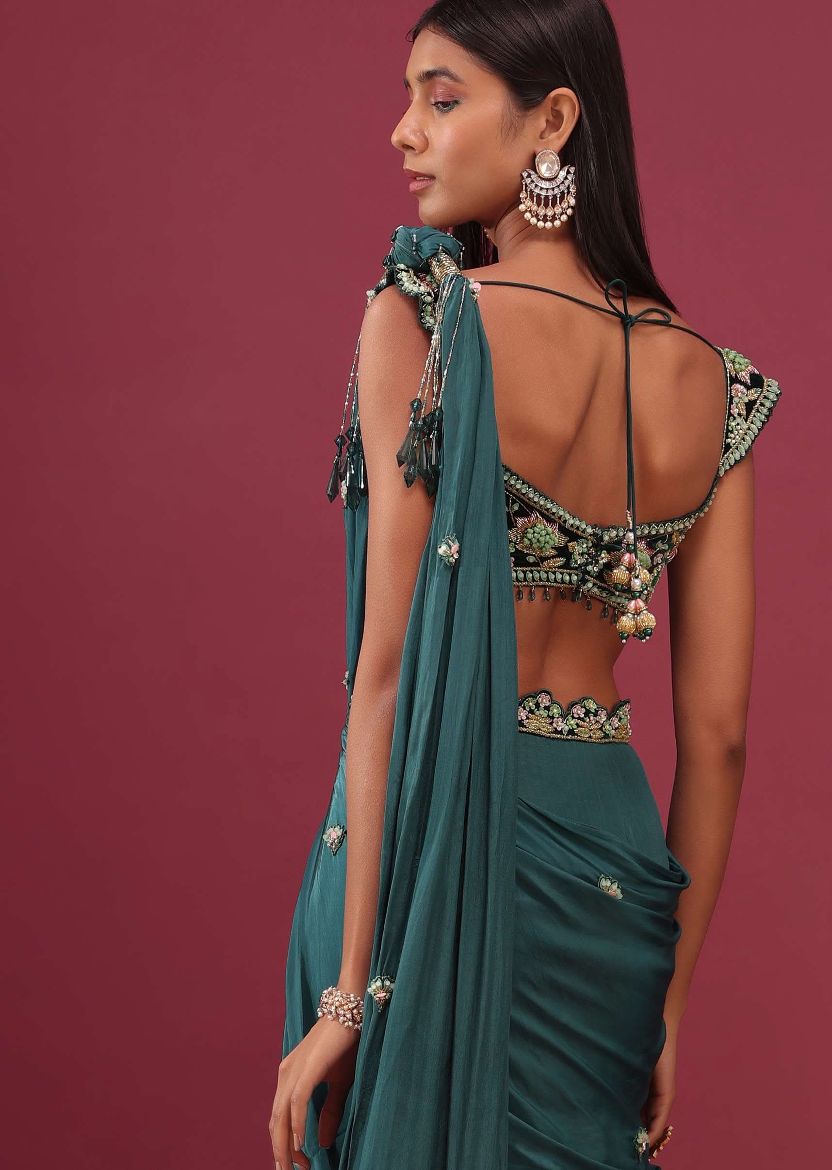 Emerald Green Pre Drape Saree With Floral Buttis And Embroidered Blouse - NOOR 2022 - Image 7