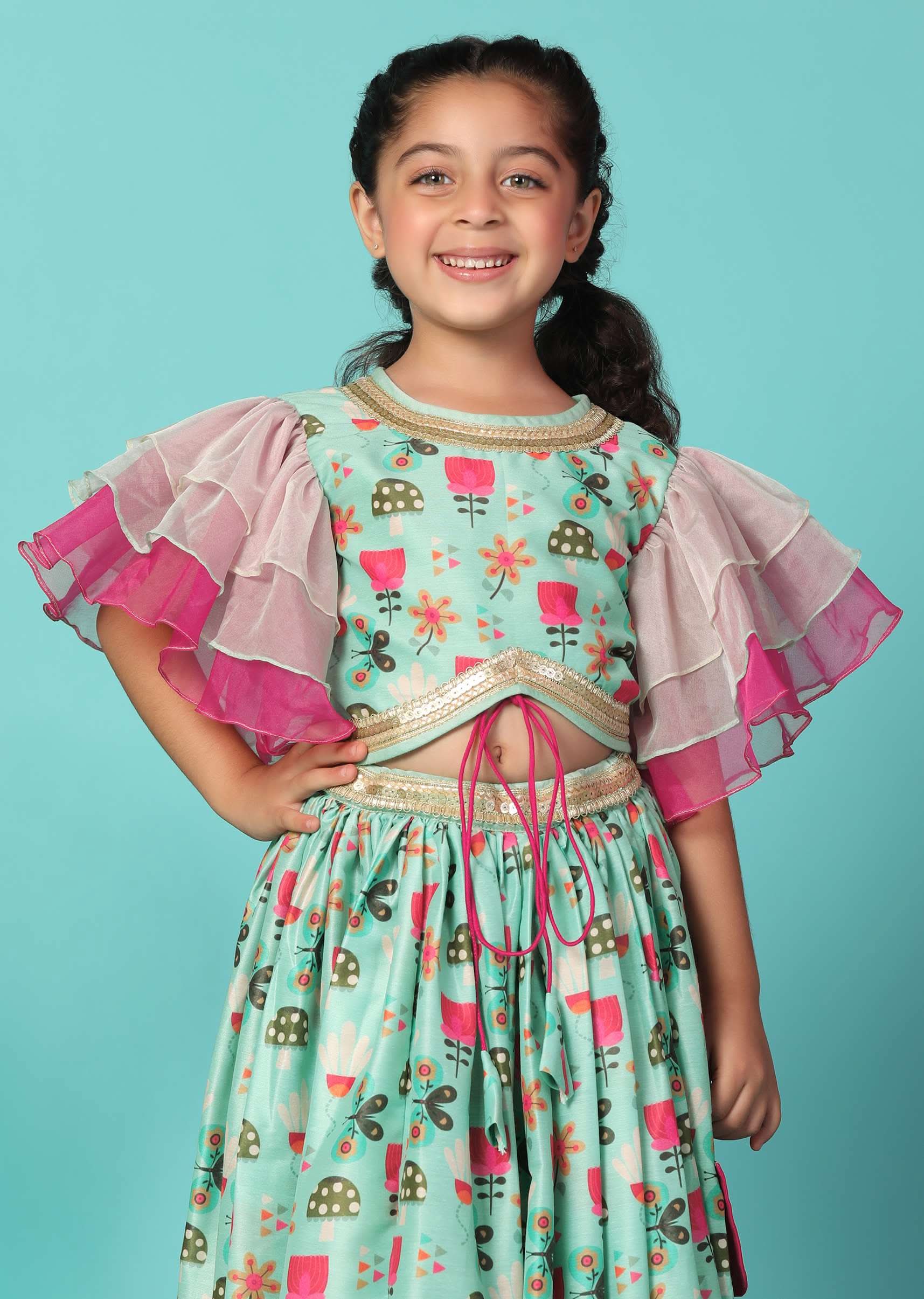 Kalki Sea Green Top And Lehenga Set In Cotton Silk For Girls - Image 2