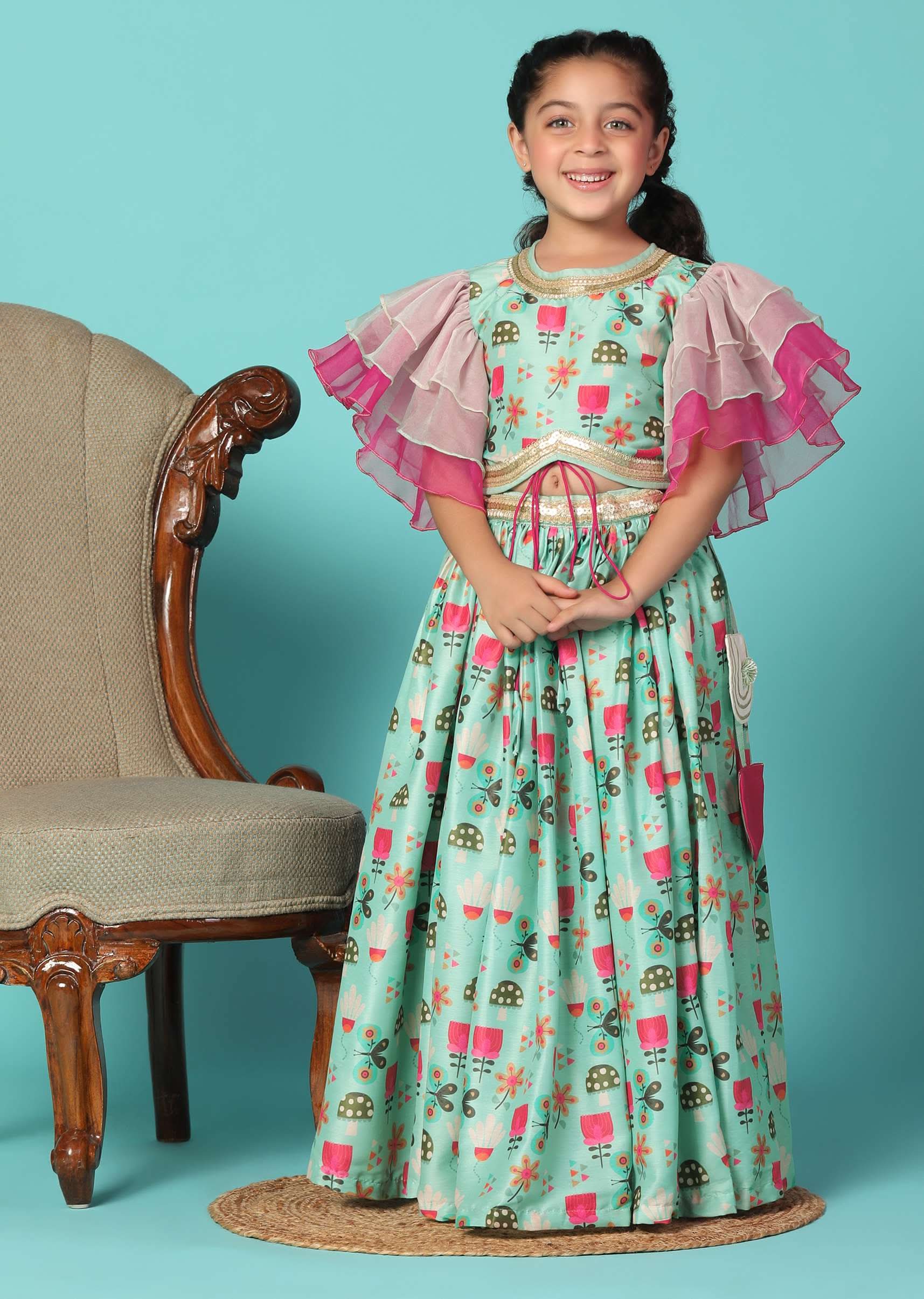 Kalki Sea Green Top And Lehenga Set In Cotton Silk For Girls - Image 3