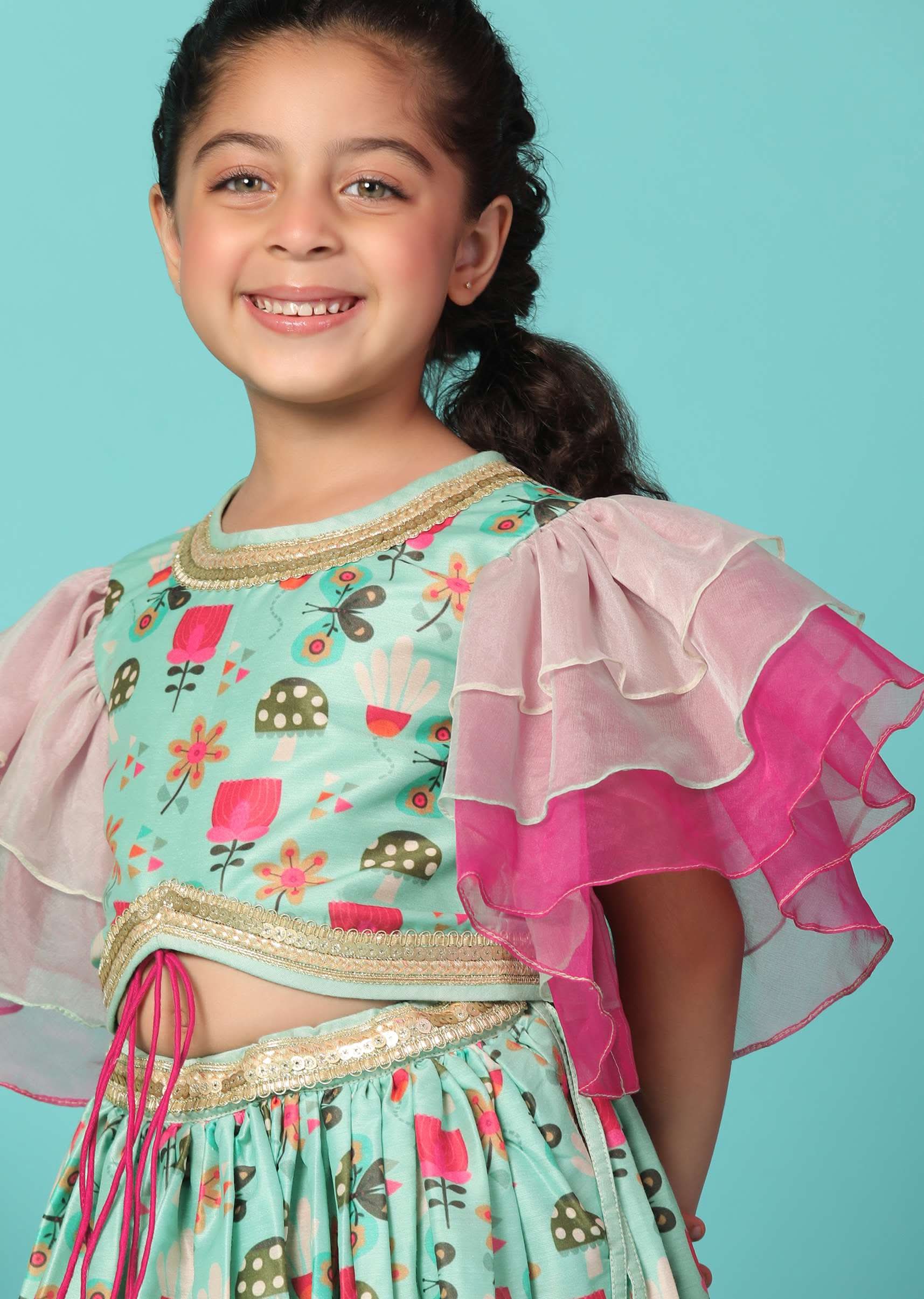 Kalki Sea Green Top And Lehenga Set In Cotton Silk For Girls - Image 4