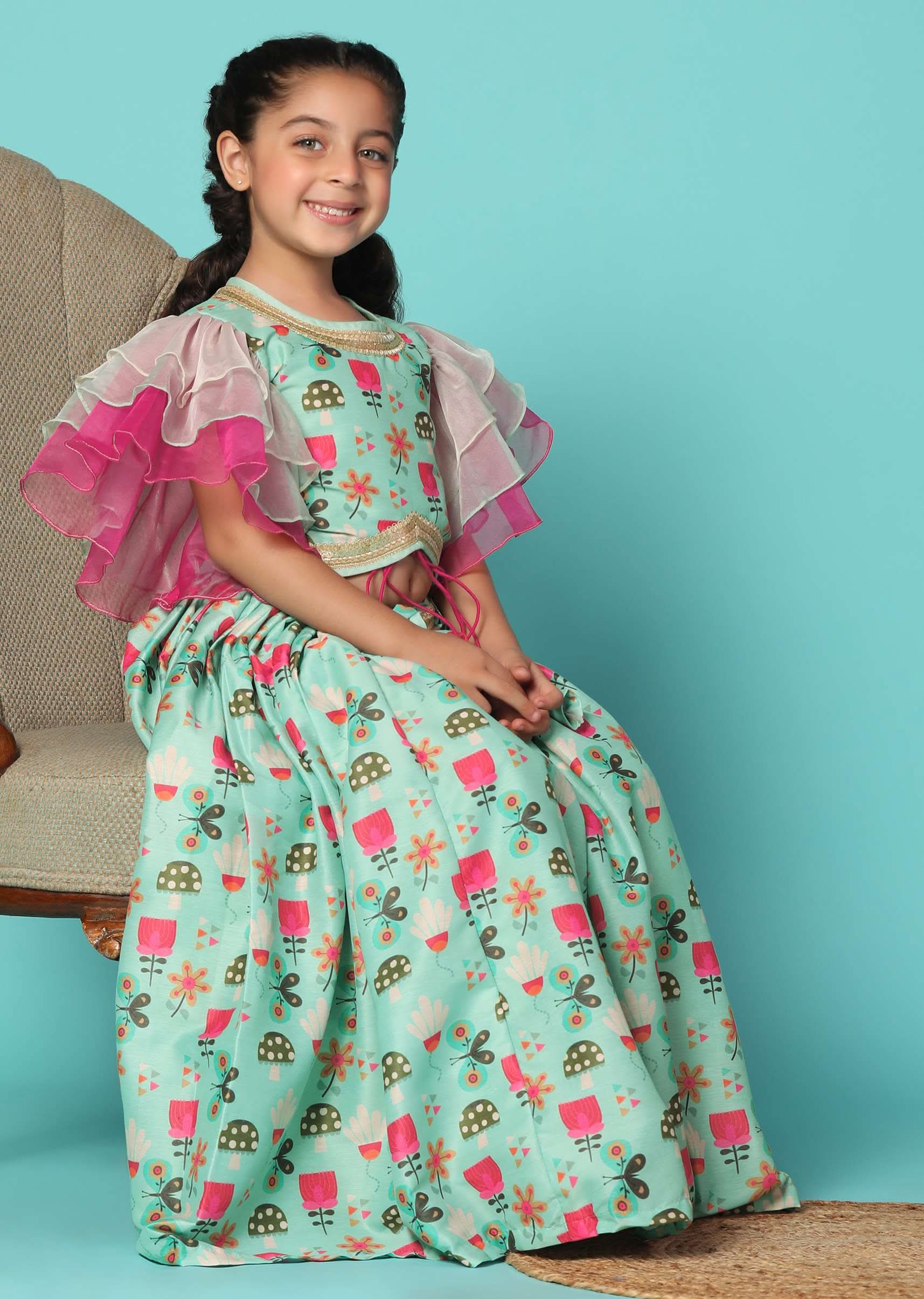 Kalki Sea Green Top And Lehenga Set In Cotton Silk For Girls - Image 5