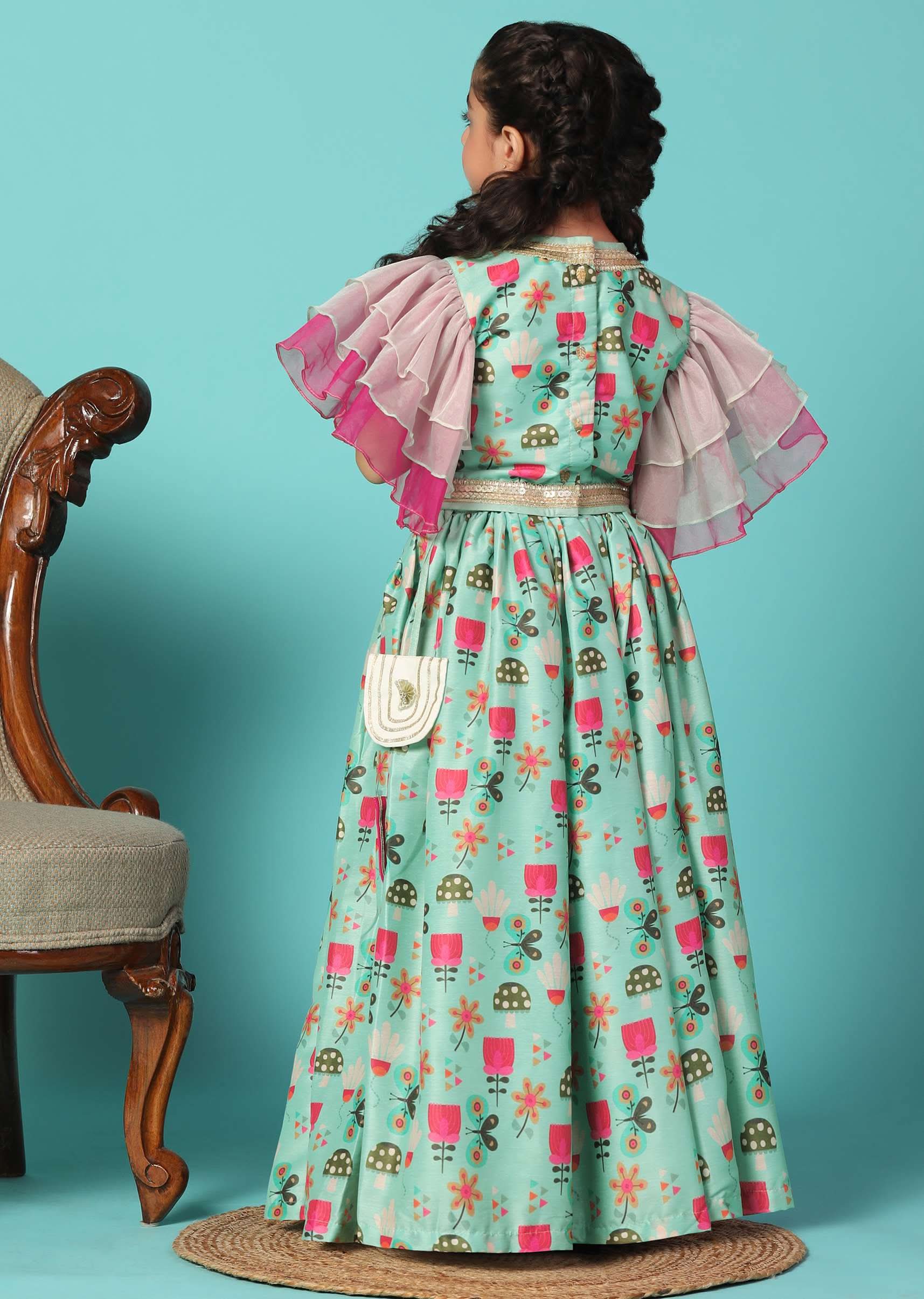 Kalki Sea Green Top And Lehenga Set In Cotton Silk For Girls - Image 6