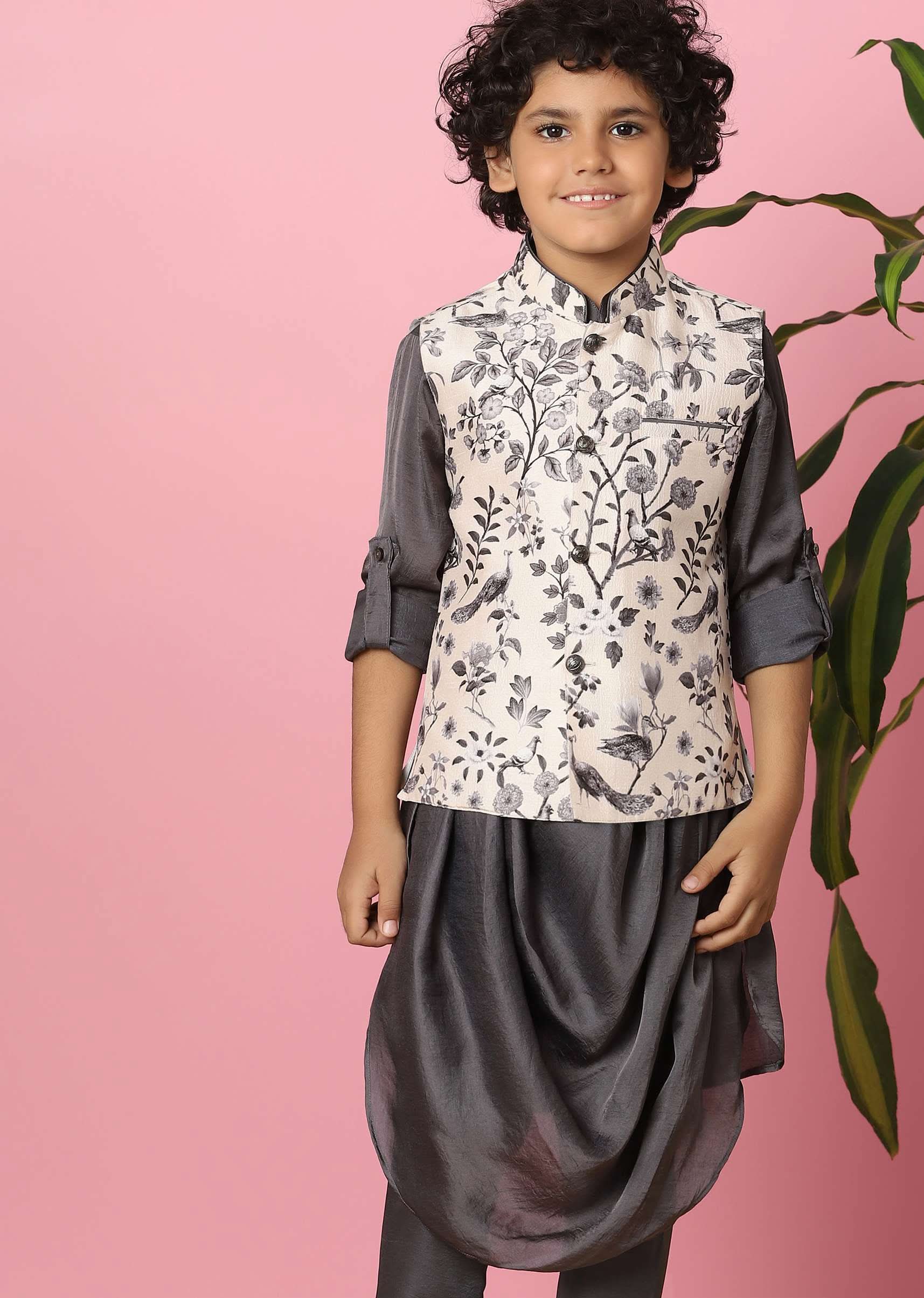 Kalki Slate Grey Kurta Set In Silk With Mughal Floral Print For Boys - Image 2