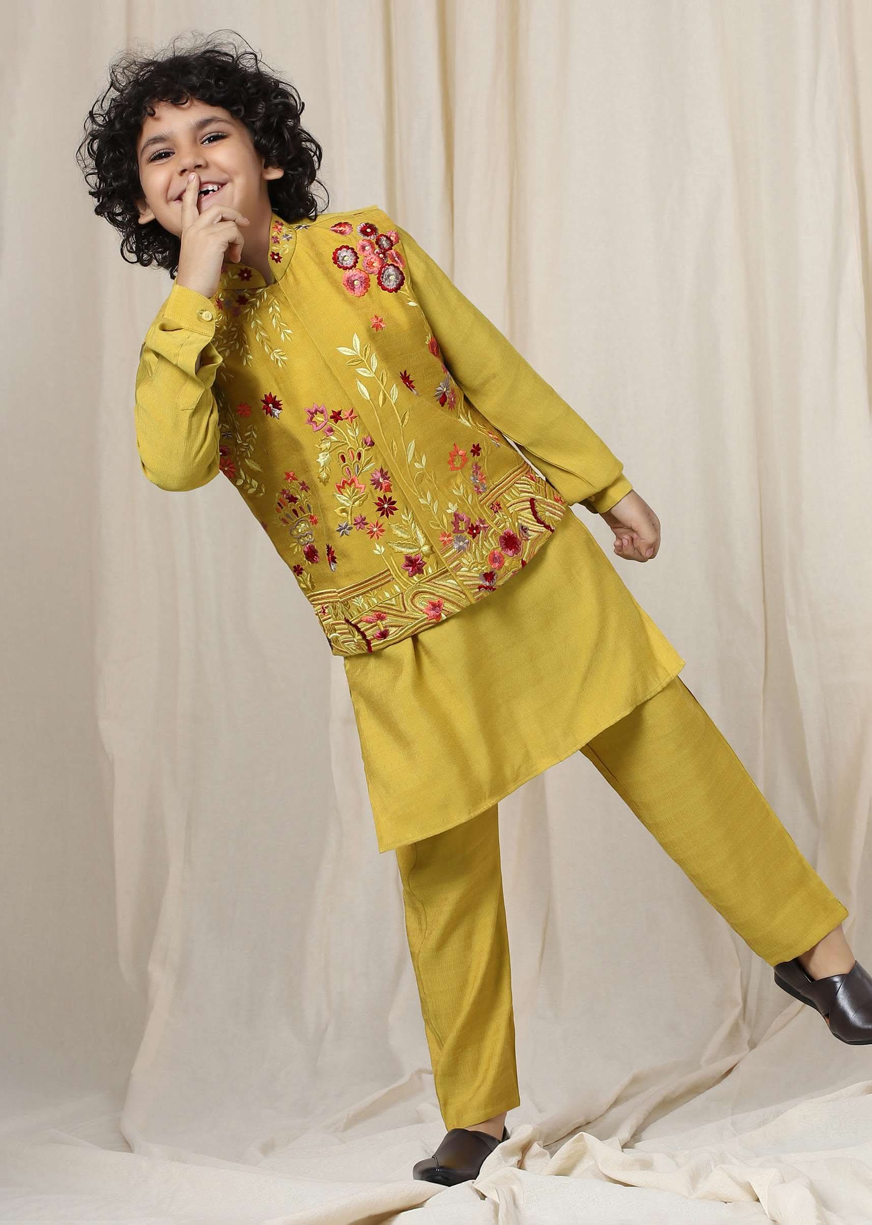 Kalki Sulphur Yellow Embroidered Bandi Kurta Set In Silk For Boys - Image 3