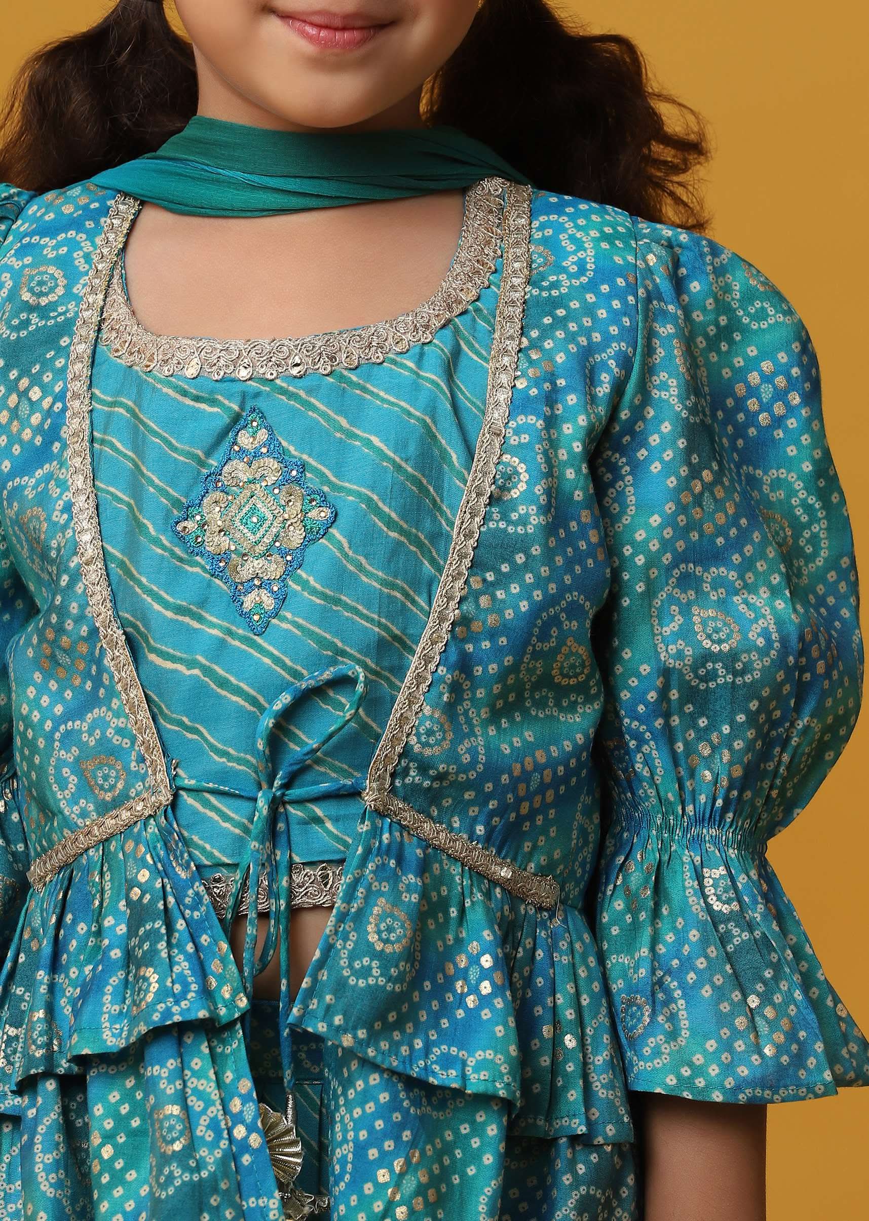 Kalki Teal Blue Lehenga And Top Set With Jacket In Cotton With Gotta Work For Girls - Image 4