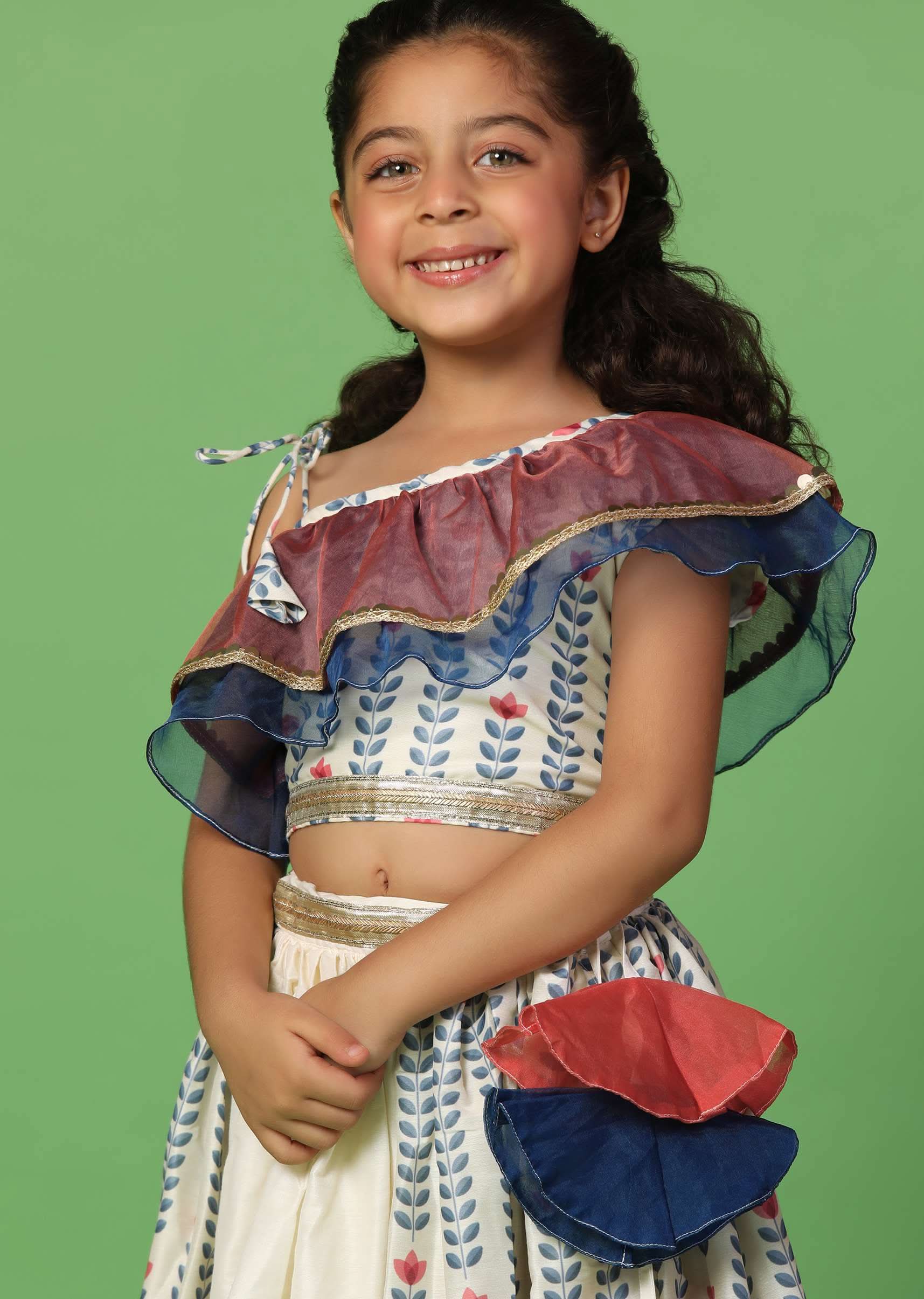 Kalki White Printed Top And Lehenga Set In Cotton Silk For Girls - Image 2
