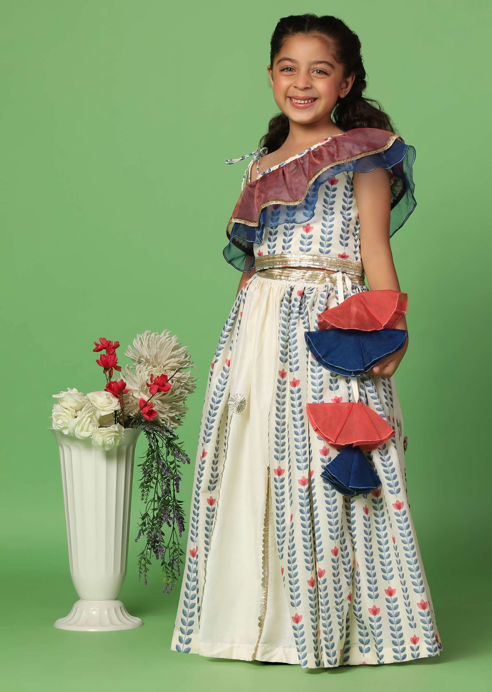 Kalki White Printed Top And Lehenga Set In Cotton Silk For Girls - Image 3
