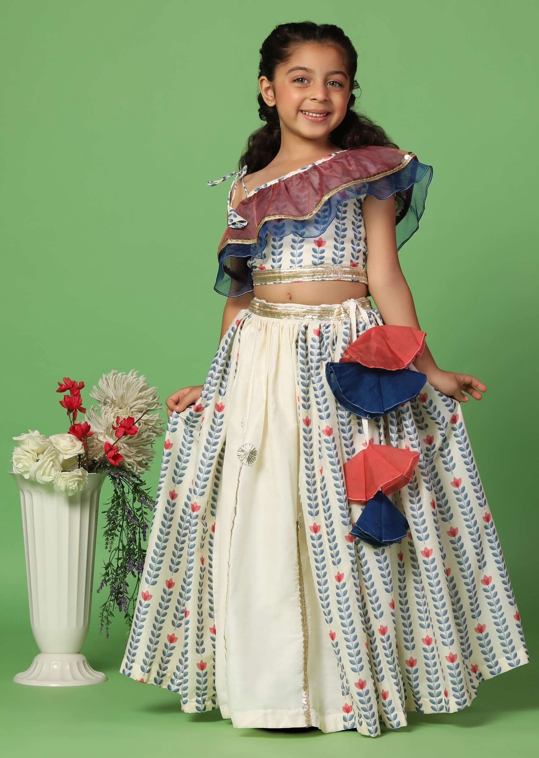 Kalki White Printed Top And Lehenga Set In Cotton Silk For Girls - Image 5