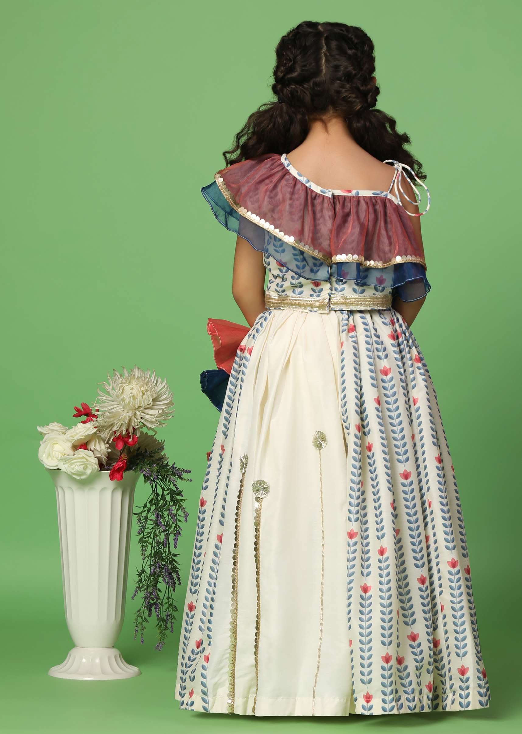 Kalki White Printed Top And Lehenga Set In Cotton Silk For Girls - Image 6