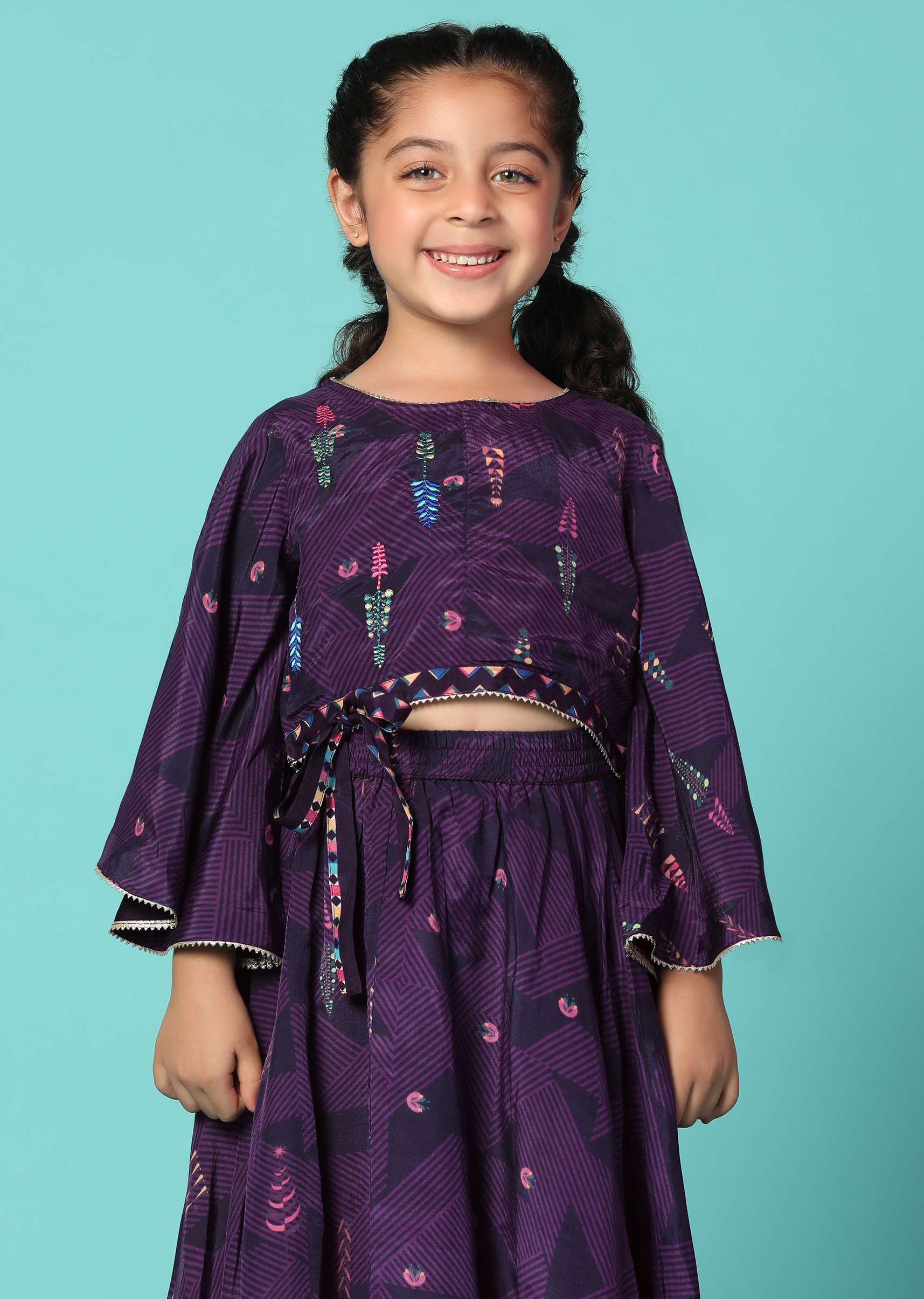 Kalki Wine Purple Top and Lehenga Set In Moga Silk With Print For Girls - Image 2