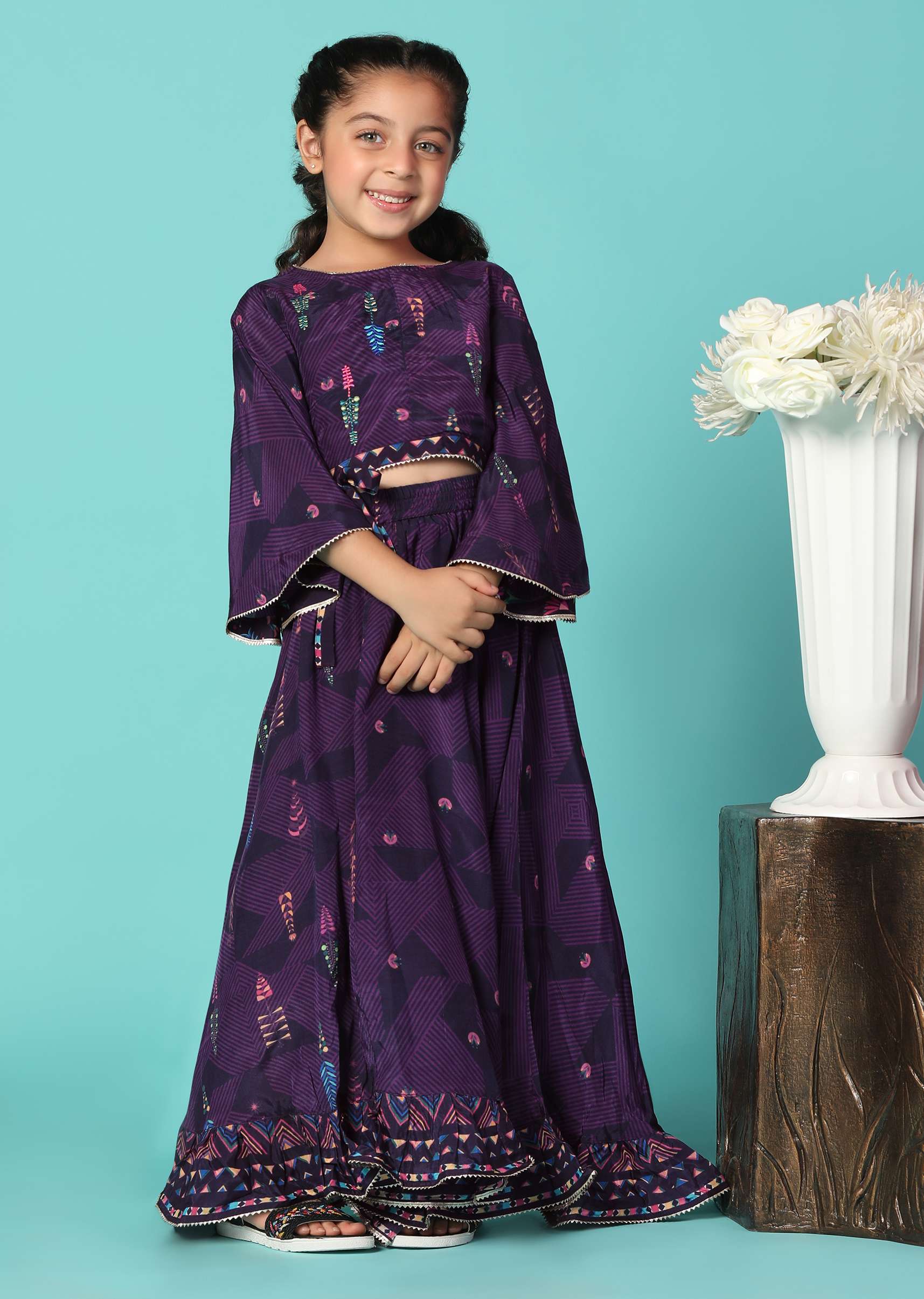 Kalki Wine Purple Top and Lehenga Set In Moga Silk With Print For Girls - Image 3